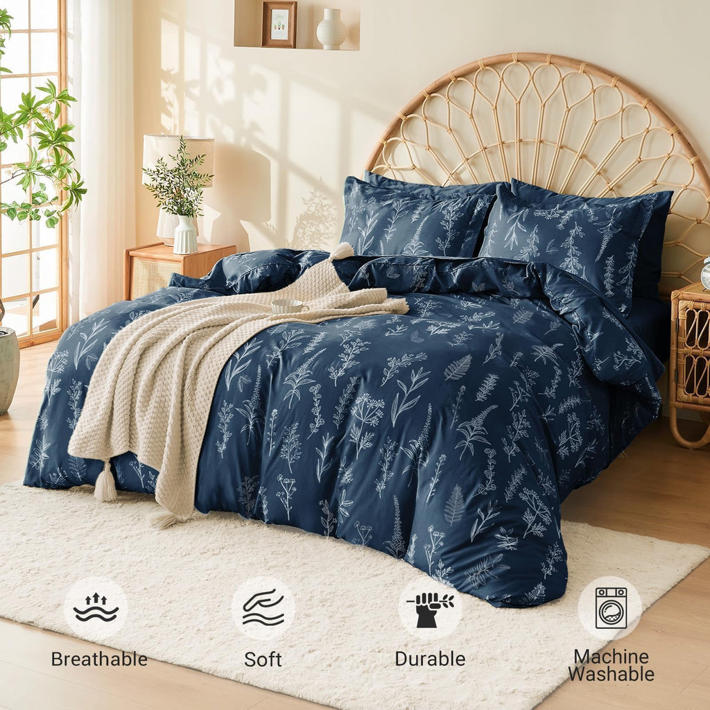 Muxhomo Navy Blue Full Comforter Set, Elegant Floral Print Bed In A Bag 7 Pieces, Ultra Soft & Breathable Reversible Botanical P