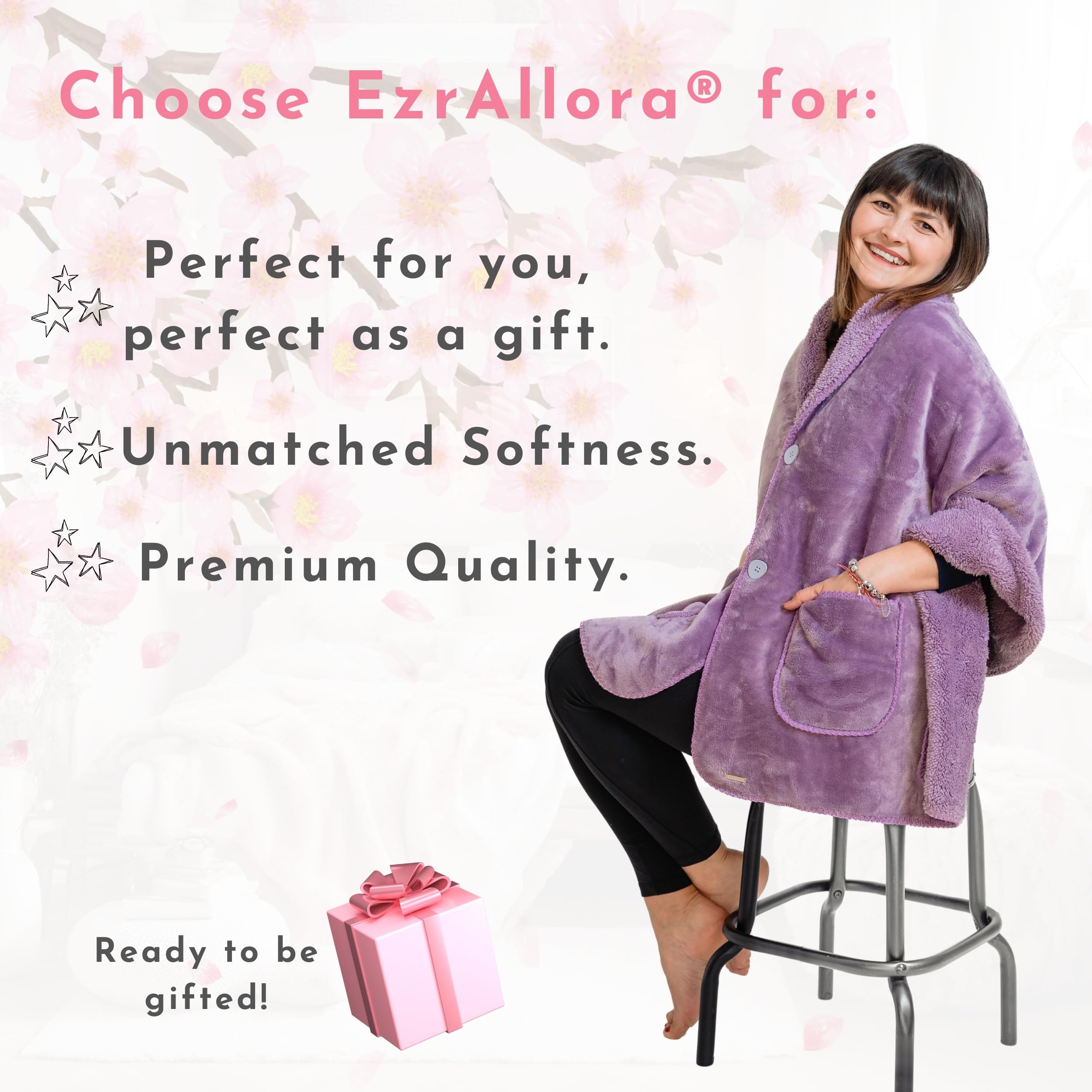 Ezrallora Premium Double Layer Wearable Blanket For Women -No Sleeves- Shawl Wrap With Pockets- Mothers Day Gifts - Grandma Gift