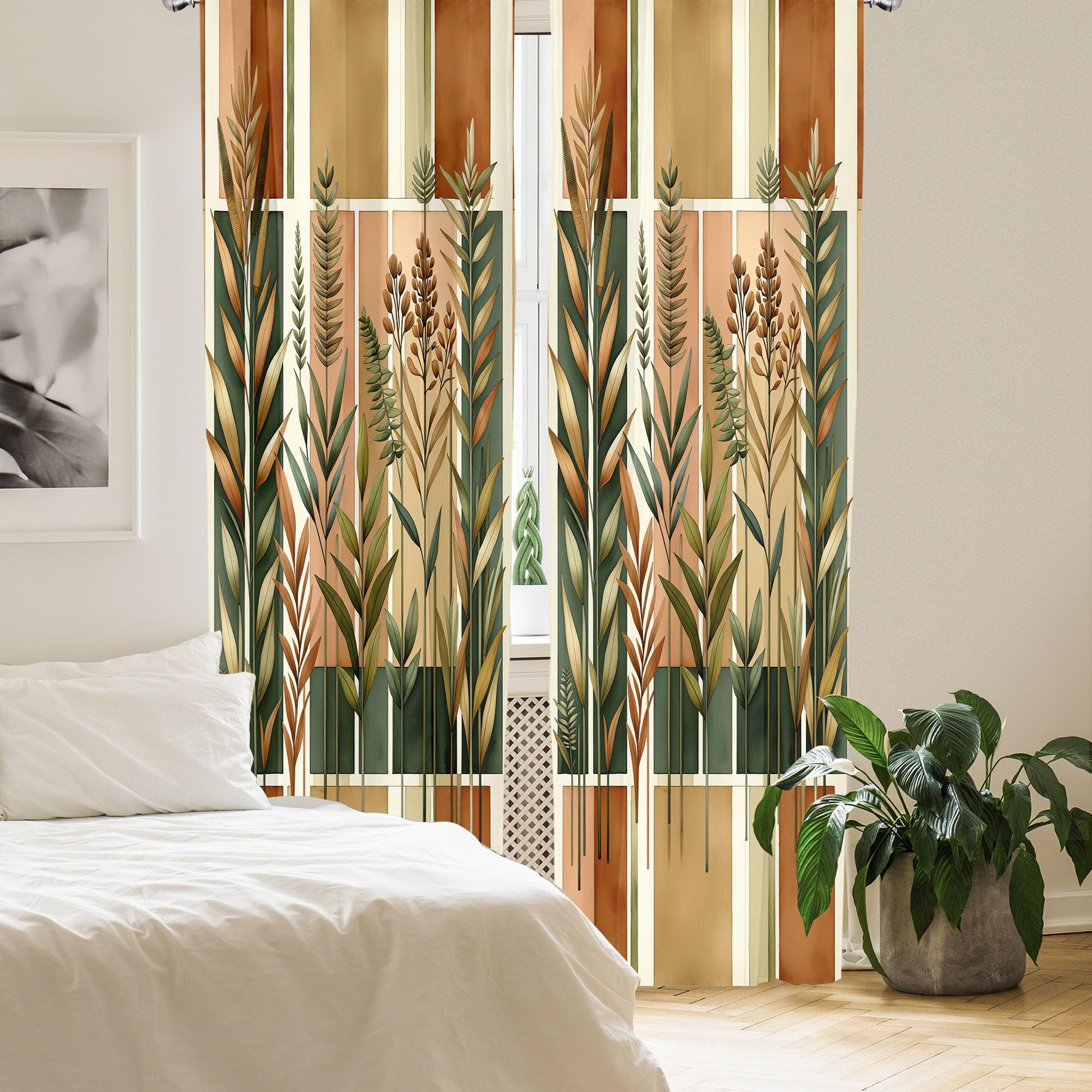 Ambesonne Botanical Curtains, Watercolor Fall Branches And Geometric Mid Century Modern Autumnal Art, Window Treatments 2 Panel
