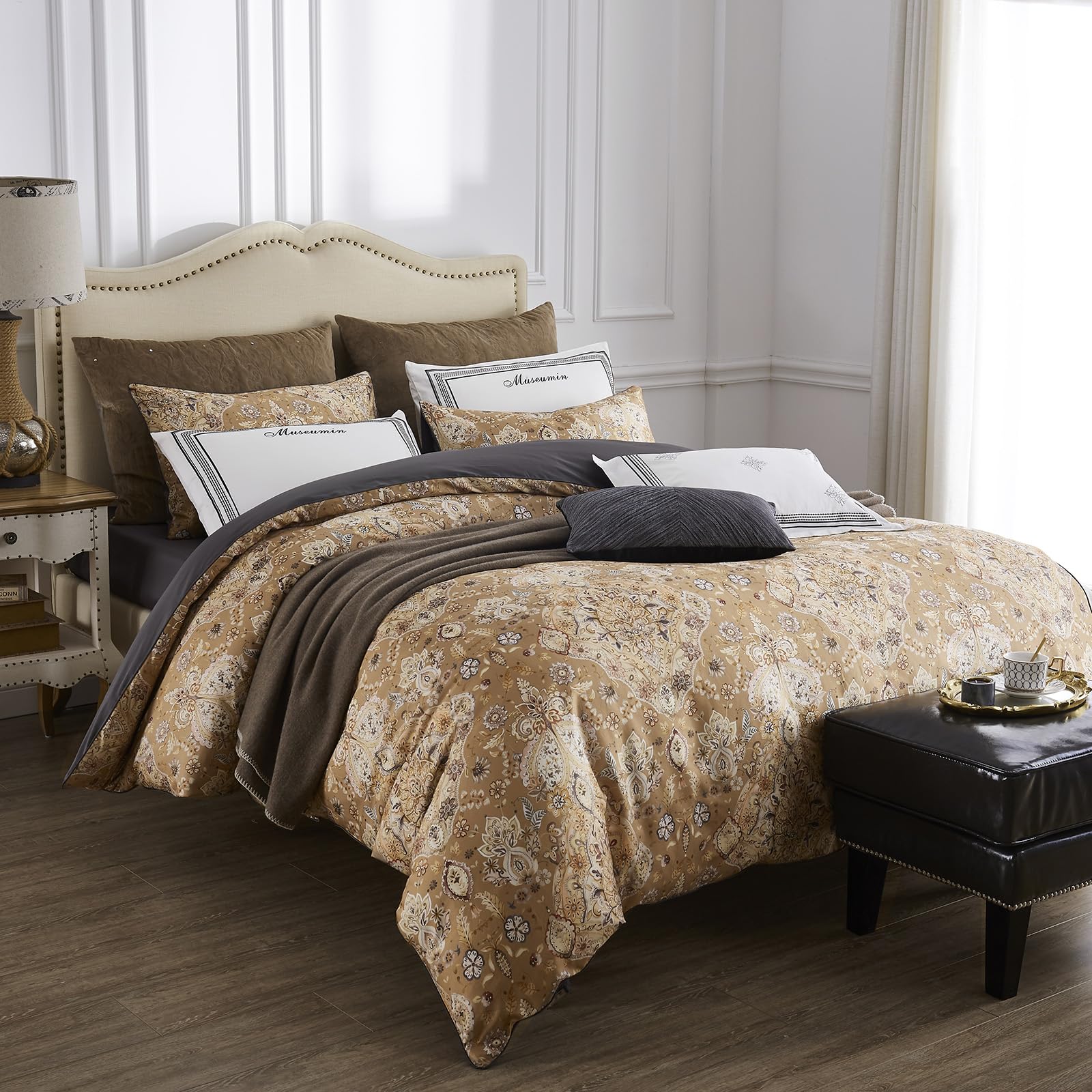 Mixinni Long Staple Cotton Percale Golden Paisley Duvet Cover Queen Size Boho Floral Pattern 3 Pieces Soft Aesthetic Bedding Set