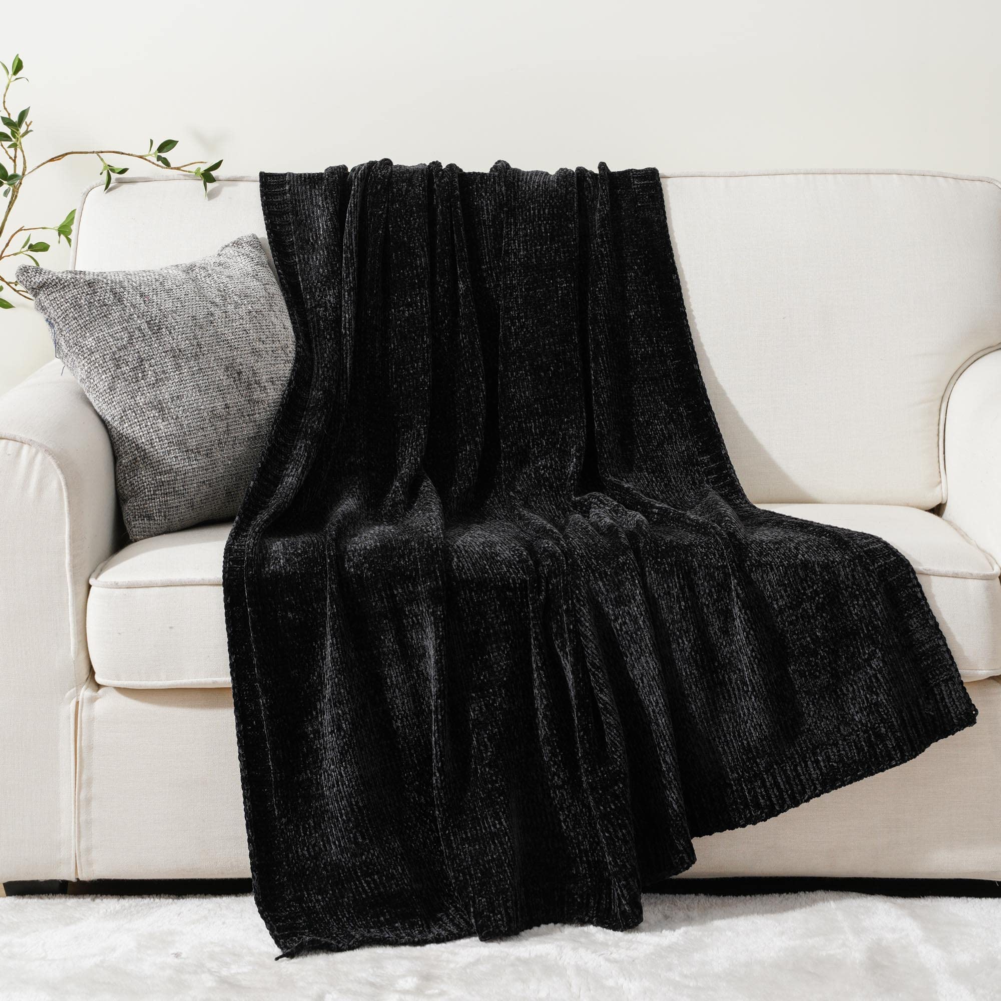 Battilo Home Black Throw Blankets, Woven Chenille Knit Throw Blanket For Couch, Bed,Cozy Soft Blanket, 51'X67'