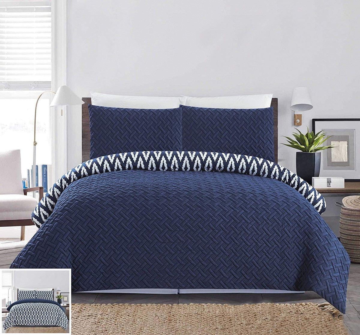 Chic Home 3 Piece Ora Heavy Embossed And Embroidered Quilted Geometrical Pattern Reversible Printed King Comforter Set Navy