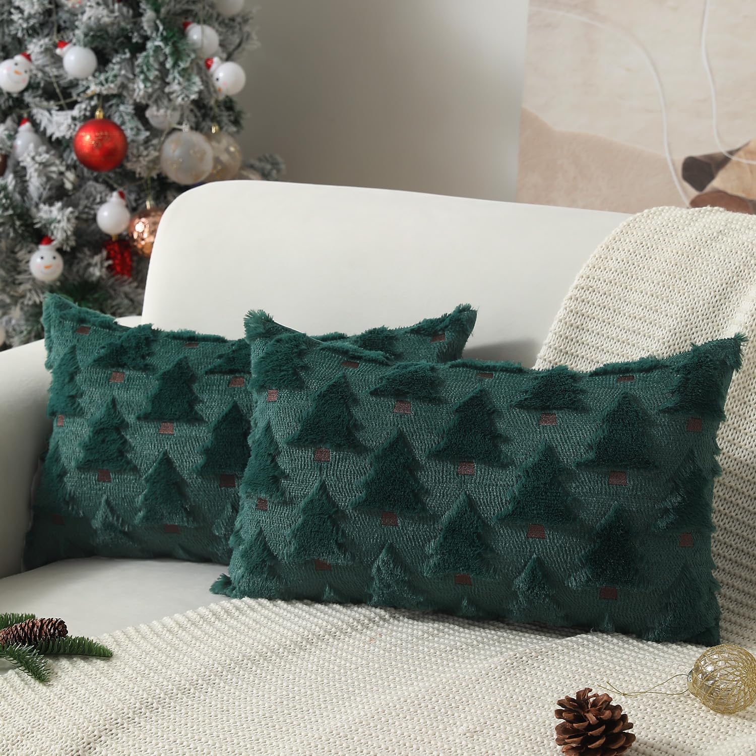 Allorry Christmas Pillow Covers 12X20 Inch Set Of 2 Christmas Decorations Christmas Tree Throw Pillow Cases Soft Plush Faux Fur