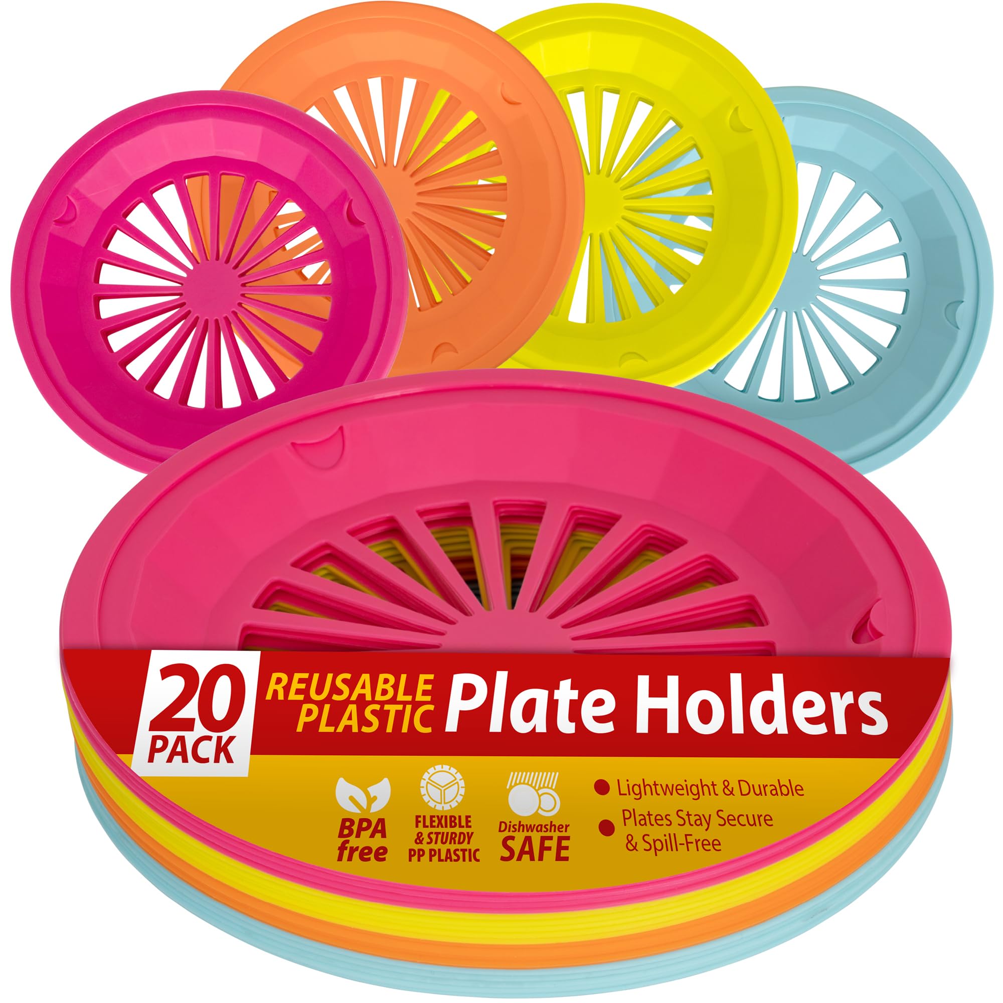 Besti Reusable Plastic Paper Plate Holders 10 Inch, 20 Piece Round Plastic Paper Plate Holder Set with Snap-In Grooves, Dishwash