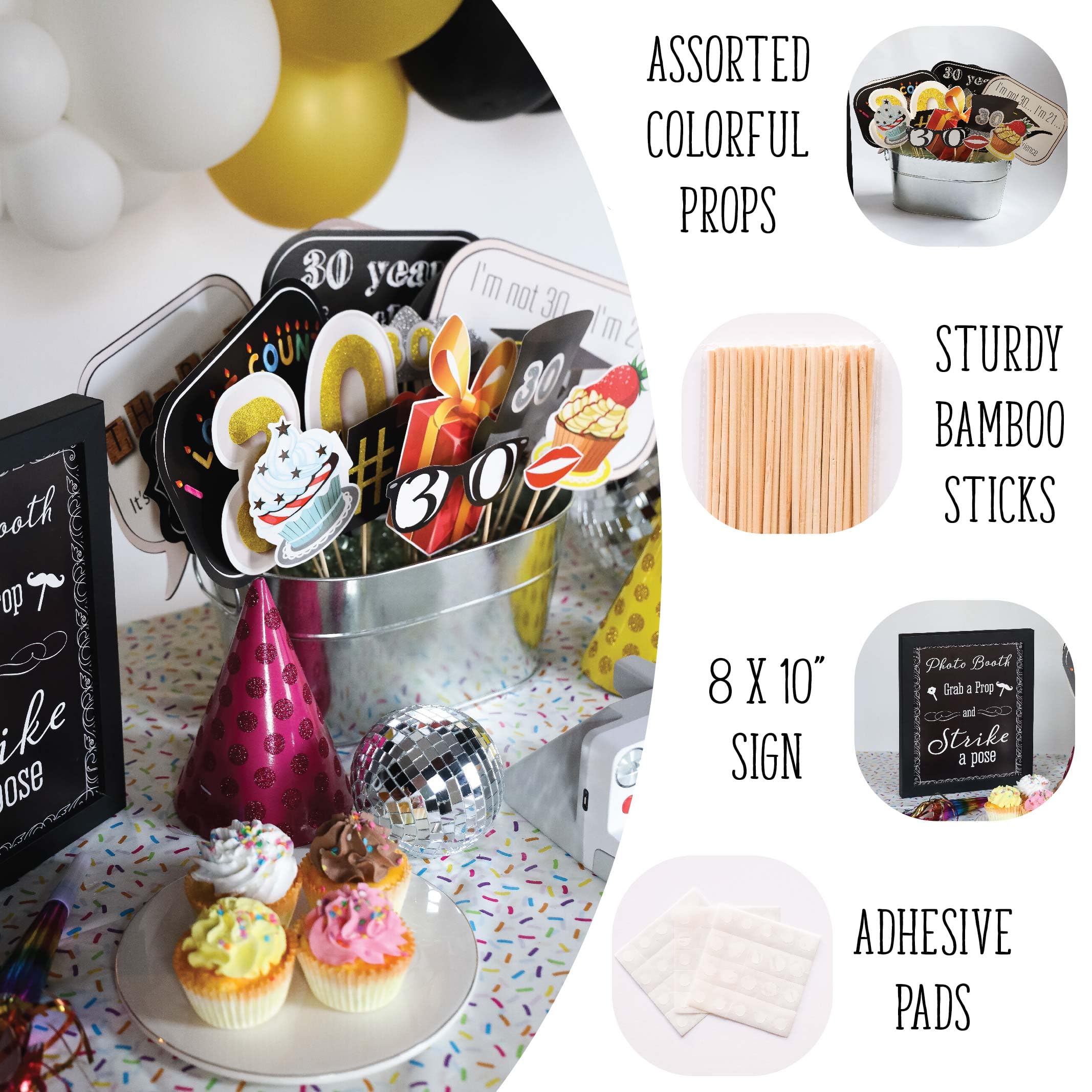 '30Th Birthday - 31-Pc Selfie Props With 8 X 10-Inch Sign, 45 Adhesive Pads, 35 Sticks - Dirty 30 Photo Booth Props''