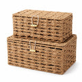 Rattanzenith Woven Basket with Lid Set of 2, Small & Large Stackable Bins