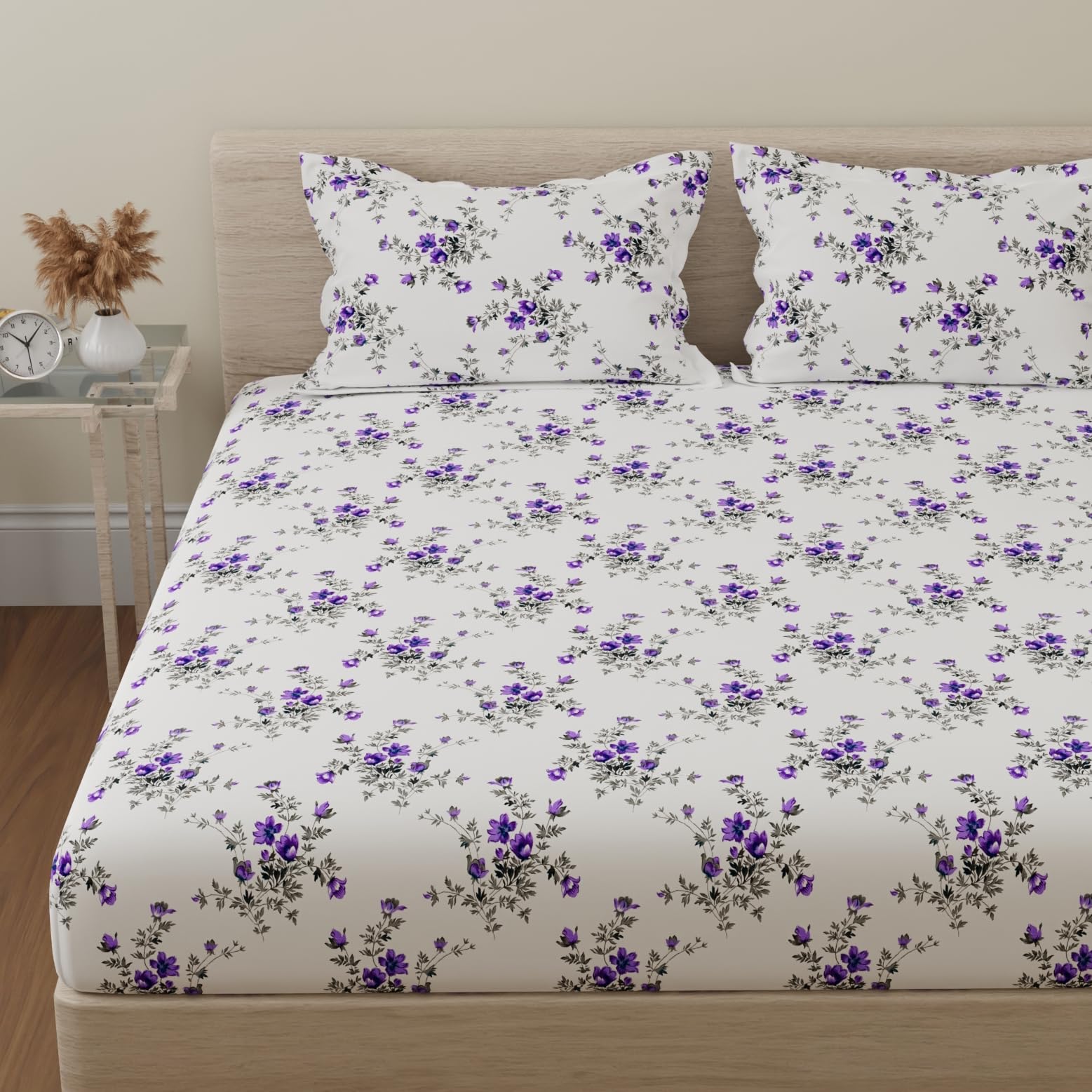 Huesland By Ahmedabad Cotton 144 Tc Cotton Bedsheet For Double Bed With 2 Pillow Covers  White, Purple