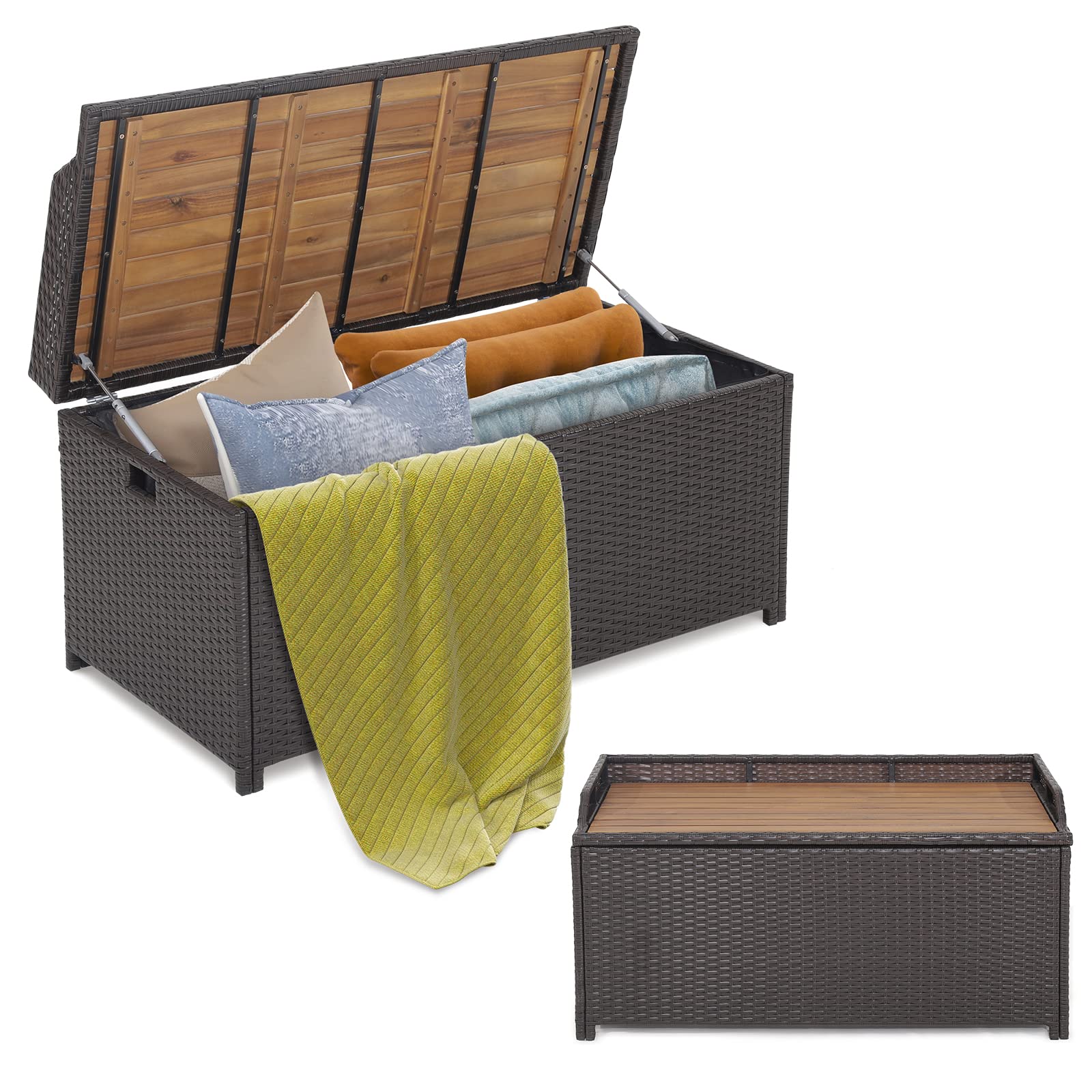 Tangkula 45 Gallon Outdoor Storage Bench, Mix Brown Rattan Storage Container With Zippered Liner, Acacia Wood Top Lid, Sturdy Ga