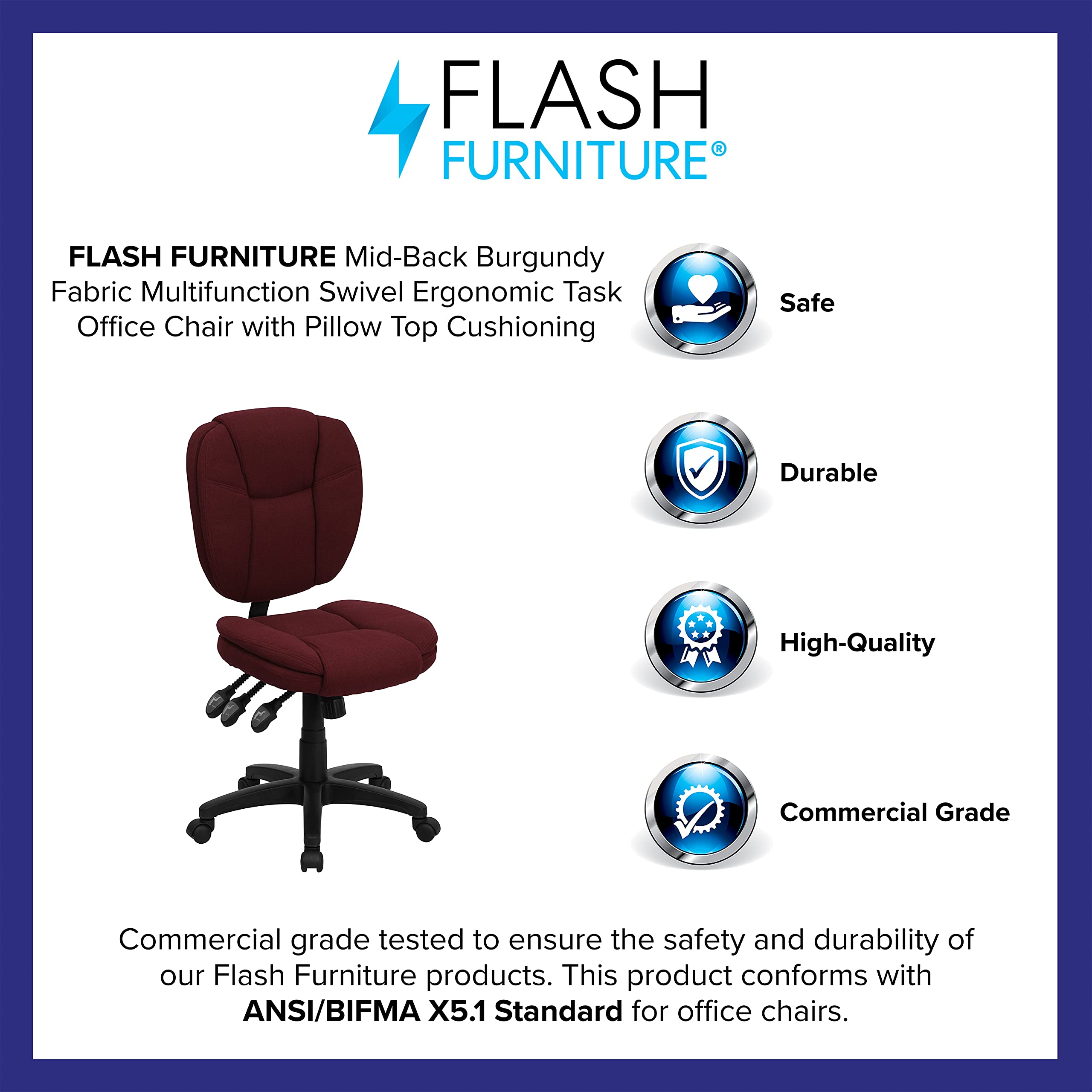 Flash Furniture Caroline Mid-Back Burgundy Fabric Multifunction Swivel Ergonomic Task Office Chair With Pillow Top Cushioning