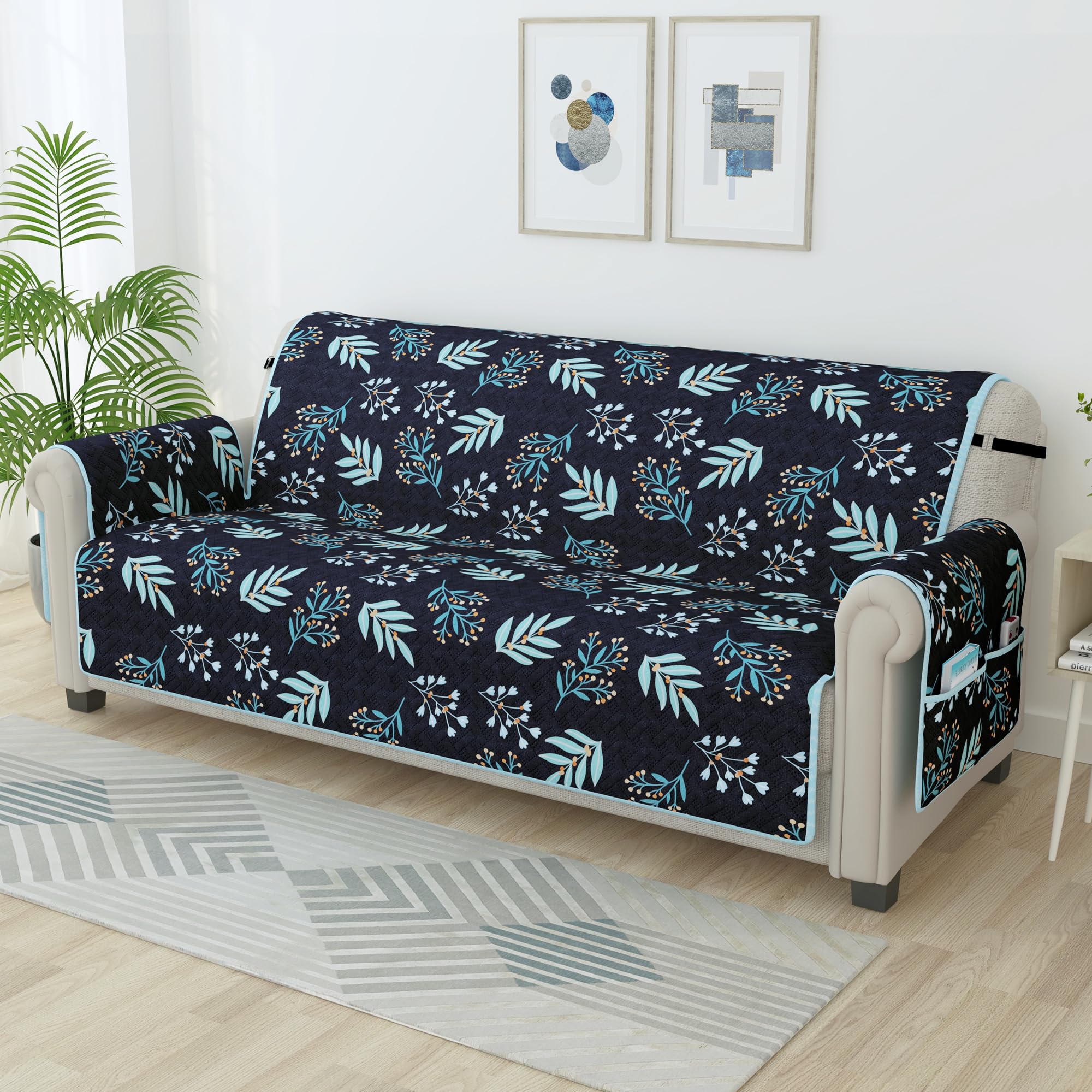 Story@Home Quilted Sofa Cover 3 Seater Fully Covered|175X170 Microfiber Sofa Cover 3 Seater Navy & Sky Blue, Floral & Chevron De