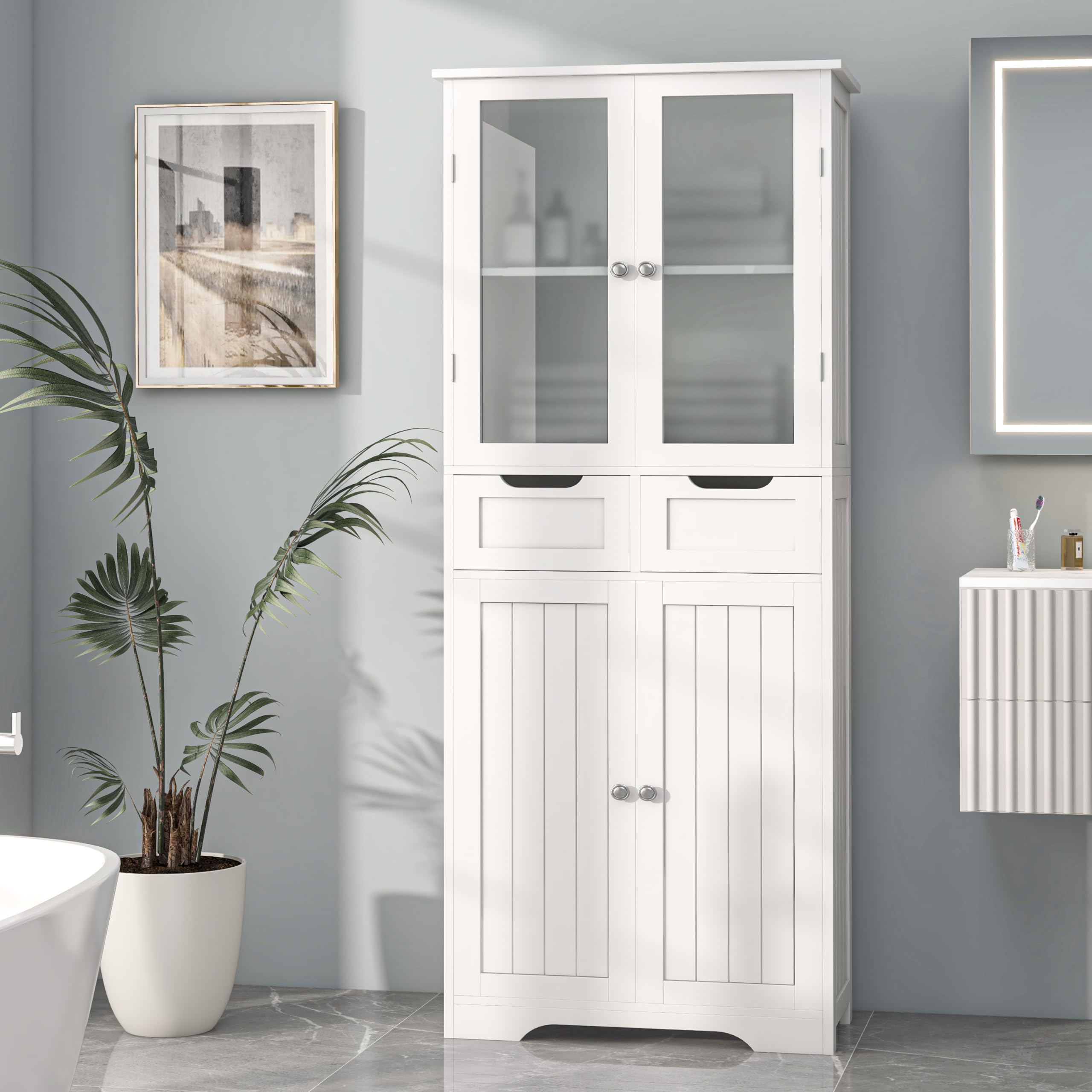 Betterhood 67 Tall Bathroom Storage Cabinet, Freestanding Linen Cabinet with Glass Doors and Shelves, Large Bathroom Pantry Cabi