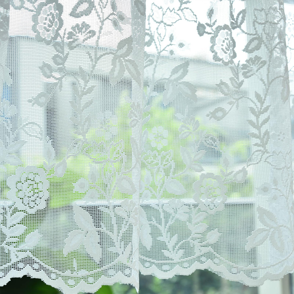 Finecity Lace Valances For Windows Over Sink, Rustic Leaf Floral Scalloped Bottom Sheer Kitchen Valance Curtain 18 Inch Length,