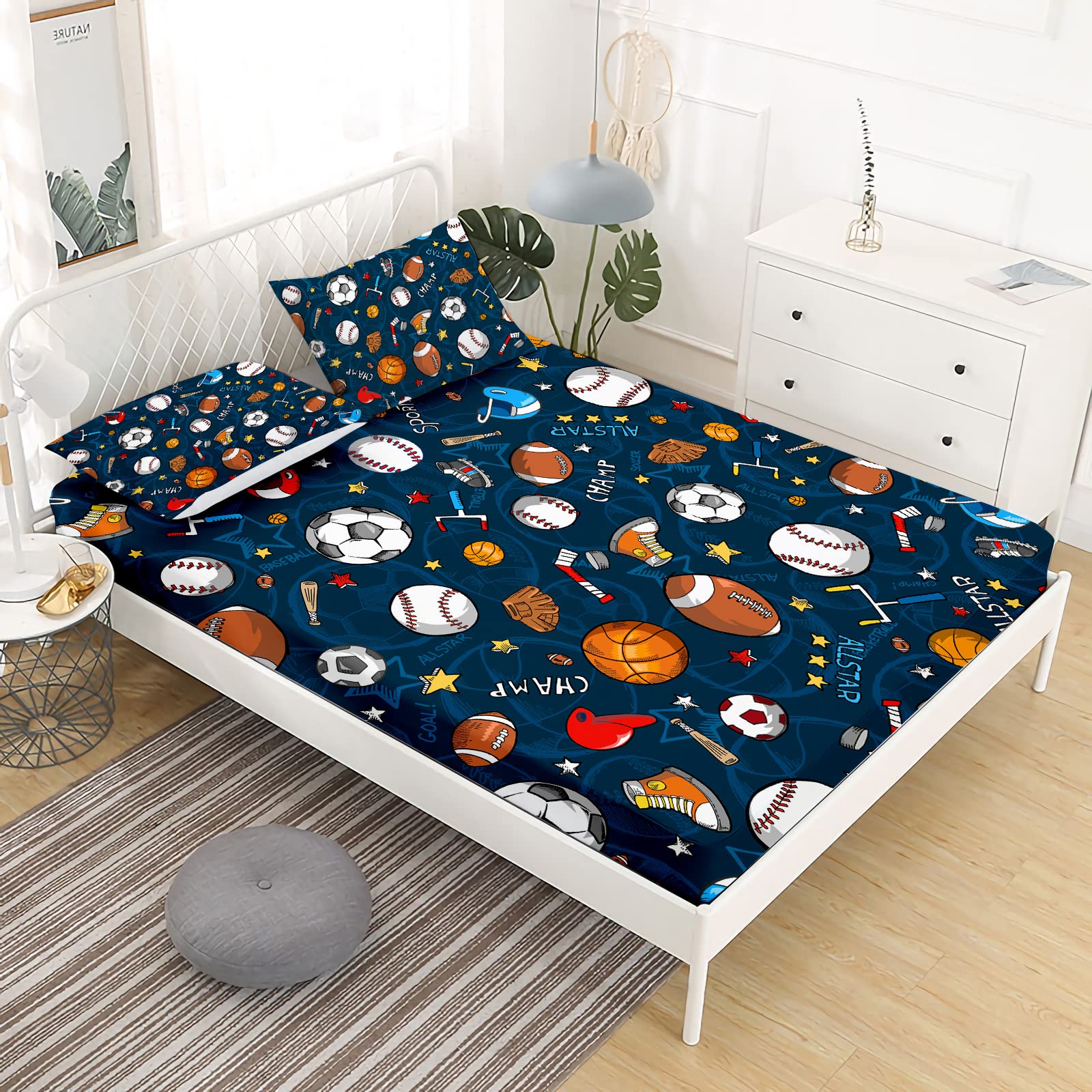 Gusuhome Boys Sports Fitted Sheet Full/Queen Size 3D Soccer Basketball Baseball Football Bedding For Kids Teens Bedroom Comfy De