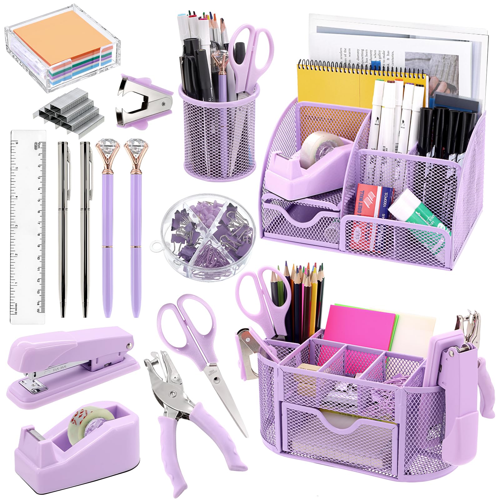 17 In 1 Purple Desk Organizers And Accessories Set, 3 Office Desk Supplies Storage Organization, 4 Pens, Stapler, Staples & Remo