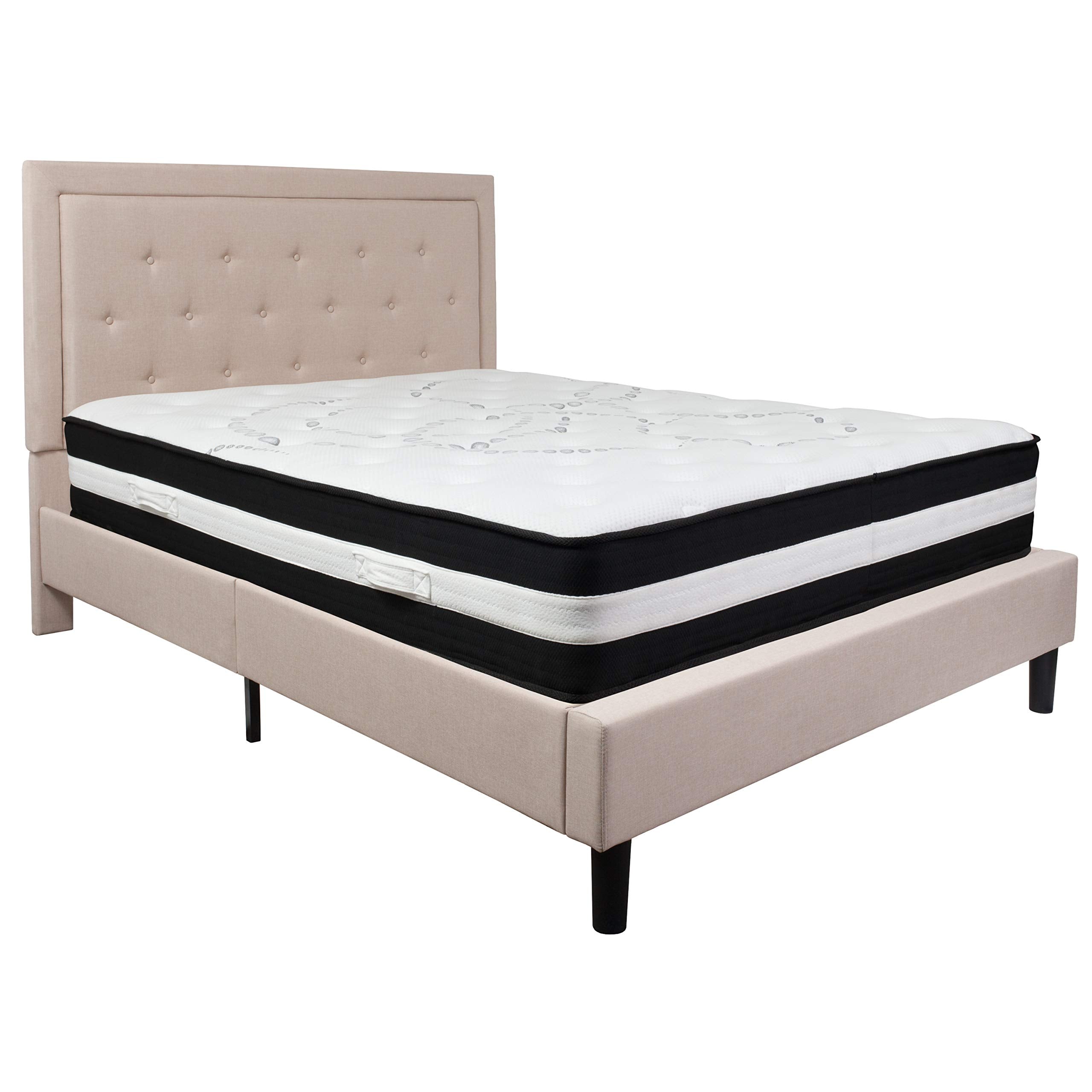 Flash Furniture Roxbury Queen Size Tufted Upholstered Platform Bed In Beige Fabric With Pocket Spring -Mattress