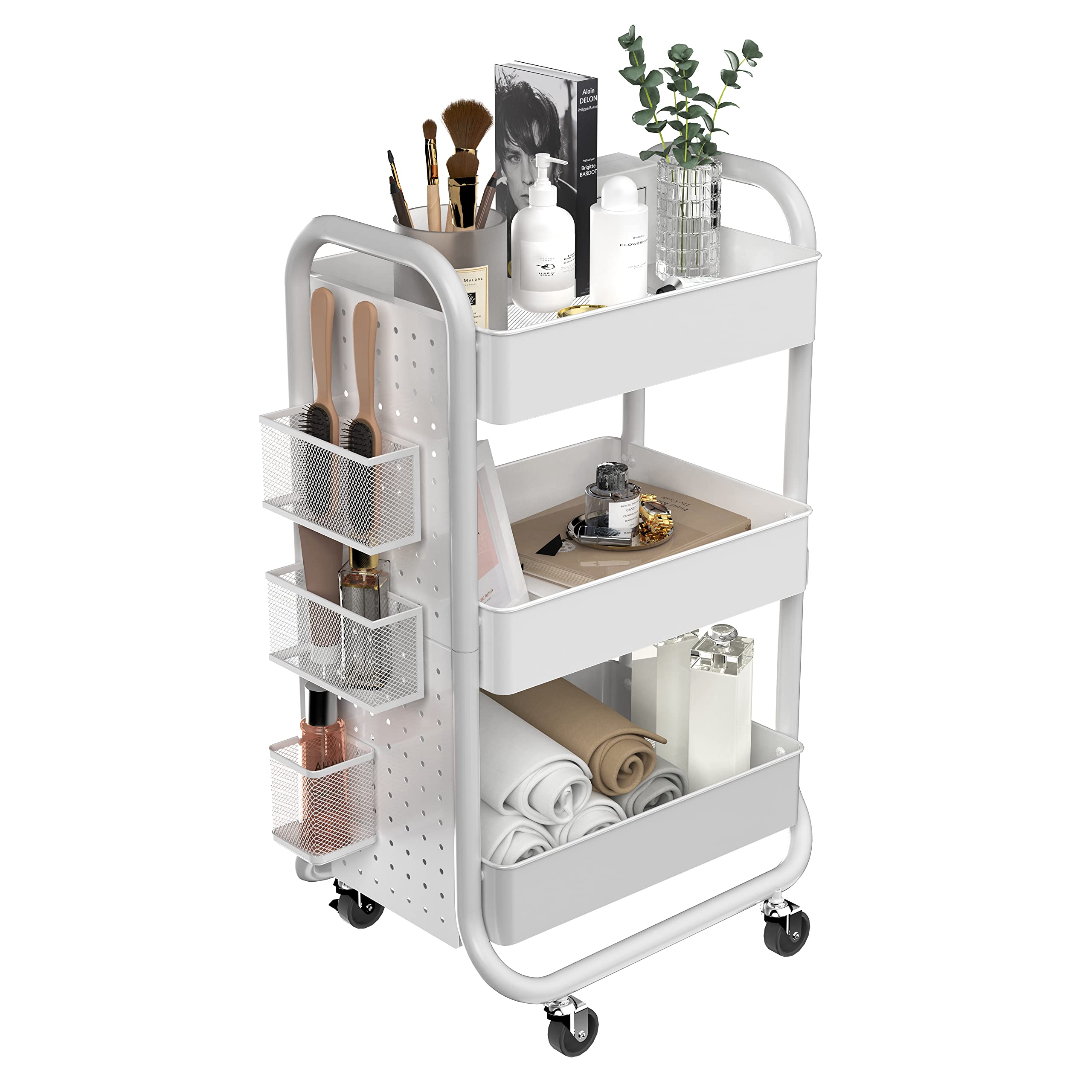 DESIGNA 3-Tier Rolling Cart, Utility Cart with Handle, Extra 3 Storage Accessories, Removable Pegboard, Easy Assembly Craft Cart