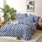 Houseri Royal Blue Comforter Set Queen White And Blue Buffalo Plaid Bedding Comforters Queen Size Women Men Elegant Dark Sea Blu