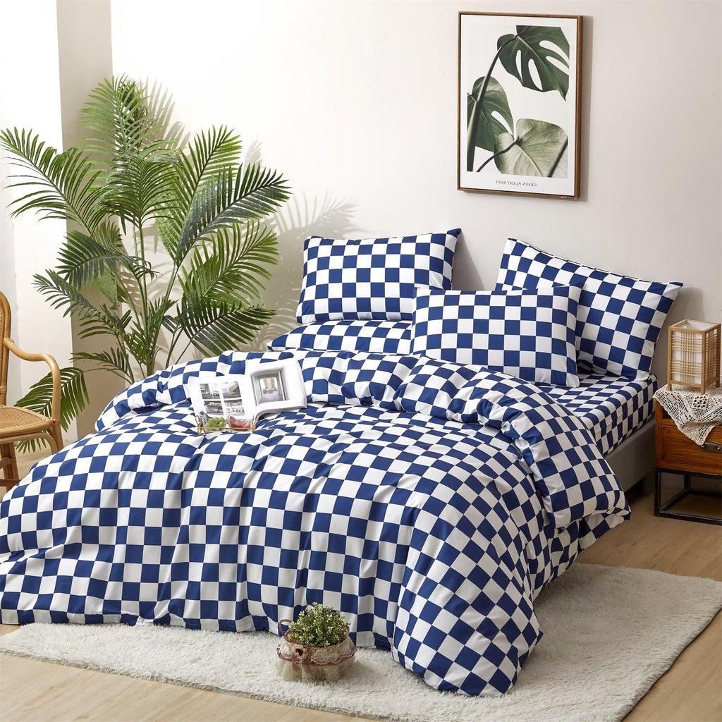 Houseri Royal Blue White Plaid Comforter Set Twin Size Boys Girls Bright Blue Grid Bedding Comforters Kids Deep Ocean Blue Check