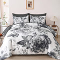 Dintszyayue Grey Comforter Set Queen 7 Piece Bed In A Bag,Gray Floral Printed On White Lightweight Comforter Set With Sheets,Com