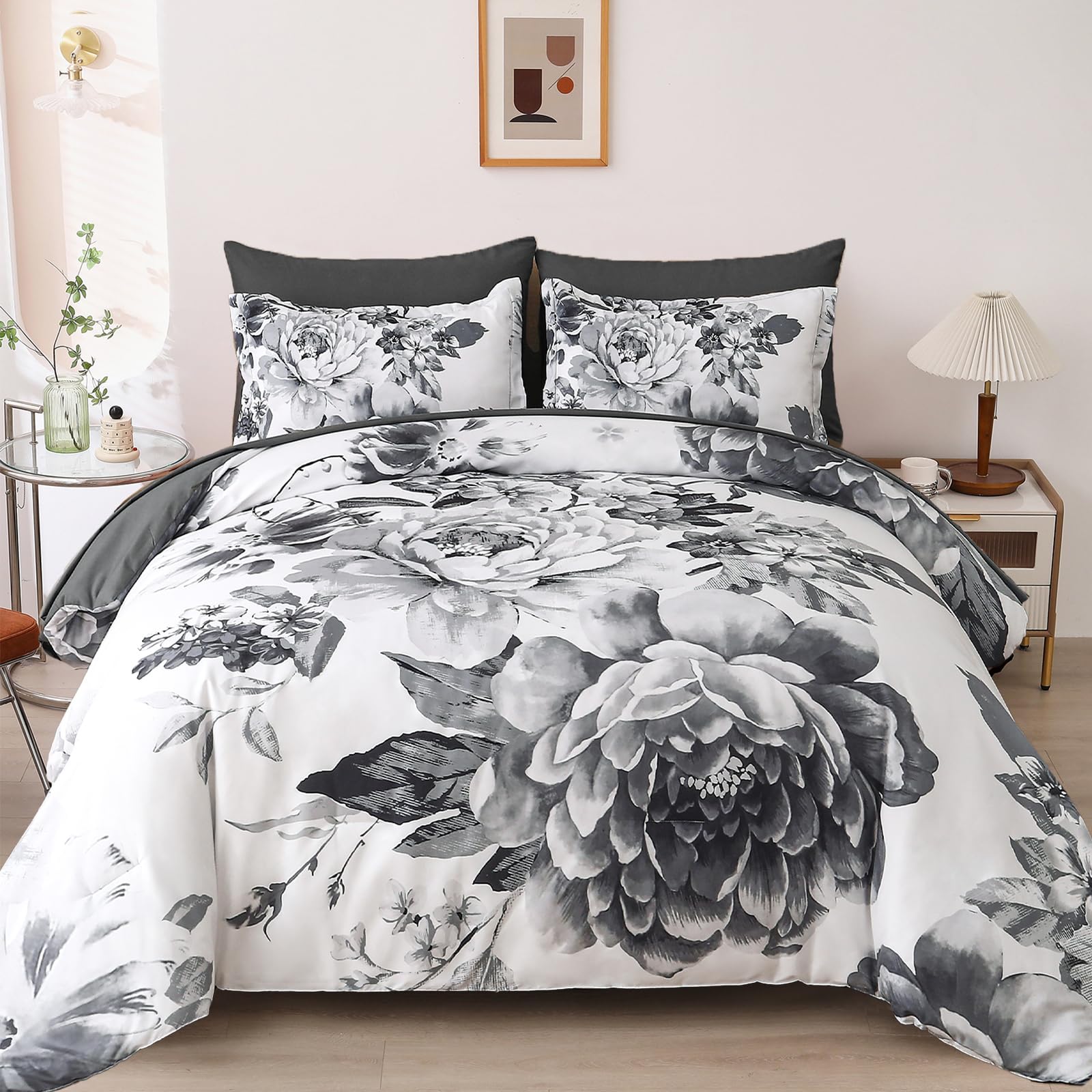 Dintszyayue Grey Comforter Set Queen 7 Piece Bed In A Bag,Gray Floral Printed On White Lightweight Comforter Set With Sheets,Com
