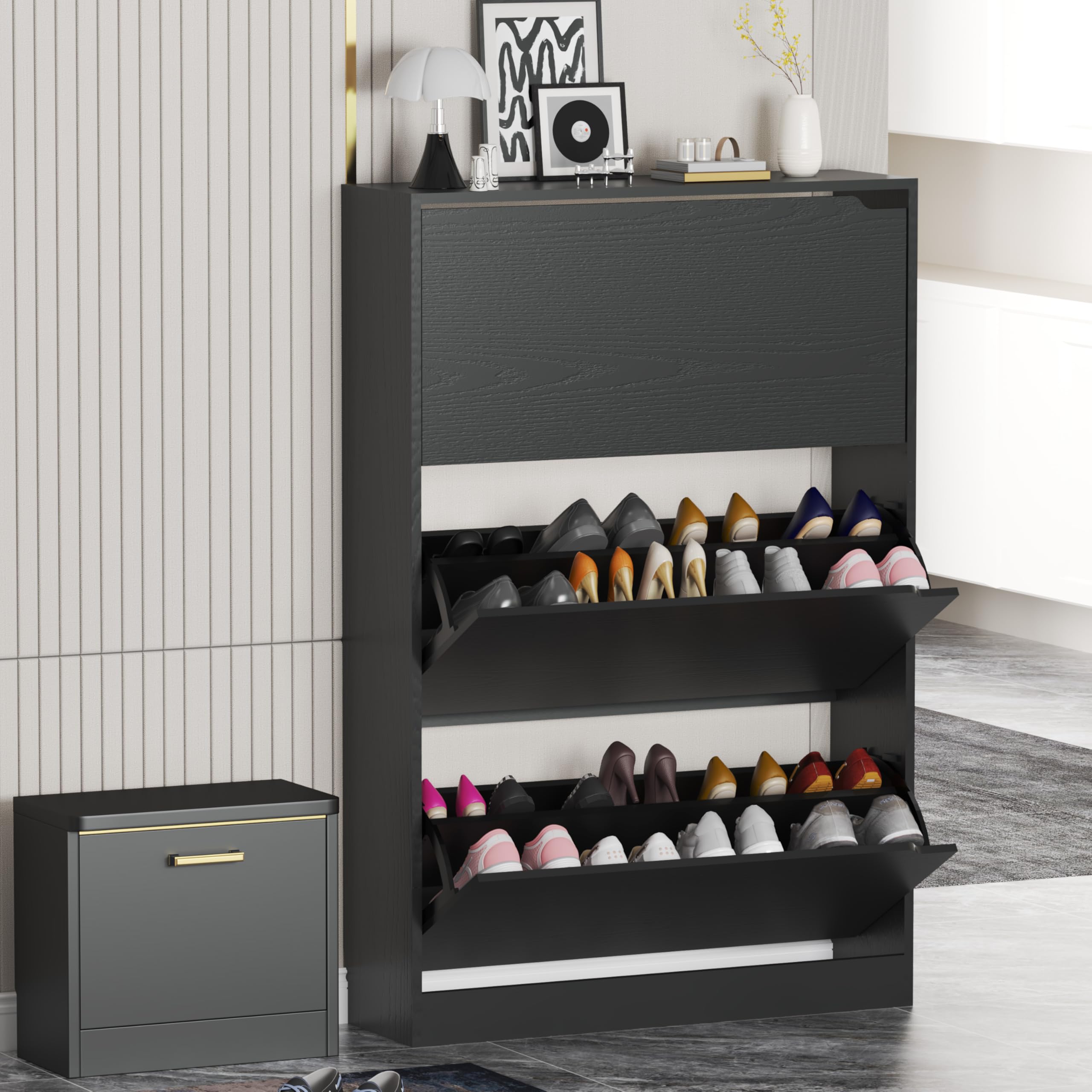 Boonatu Shoe Cabinets for Entryway, Shoe Storage Cabinet with 3 Flip Drawers, Shoes Cabinet for Entryway Slim Space (Black, 31.5
