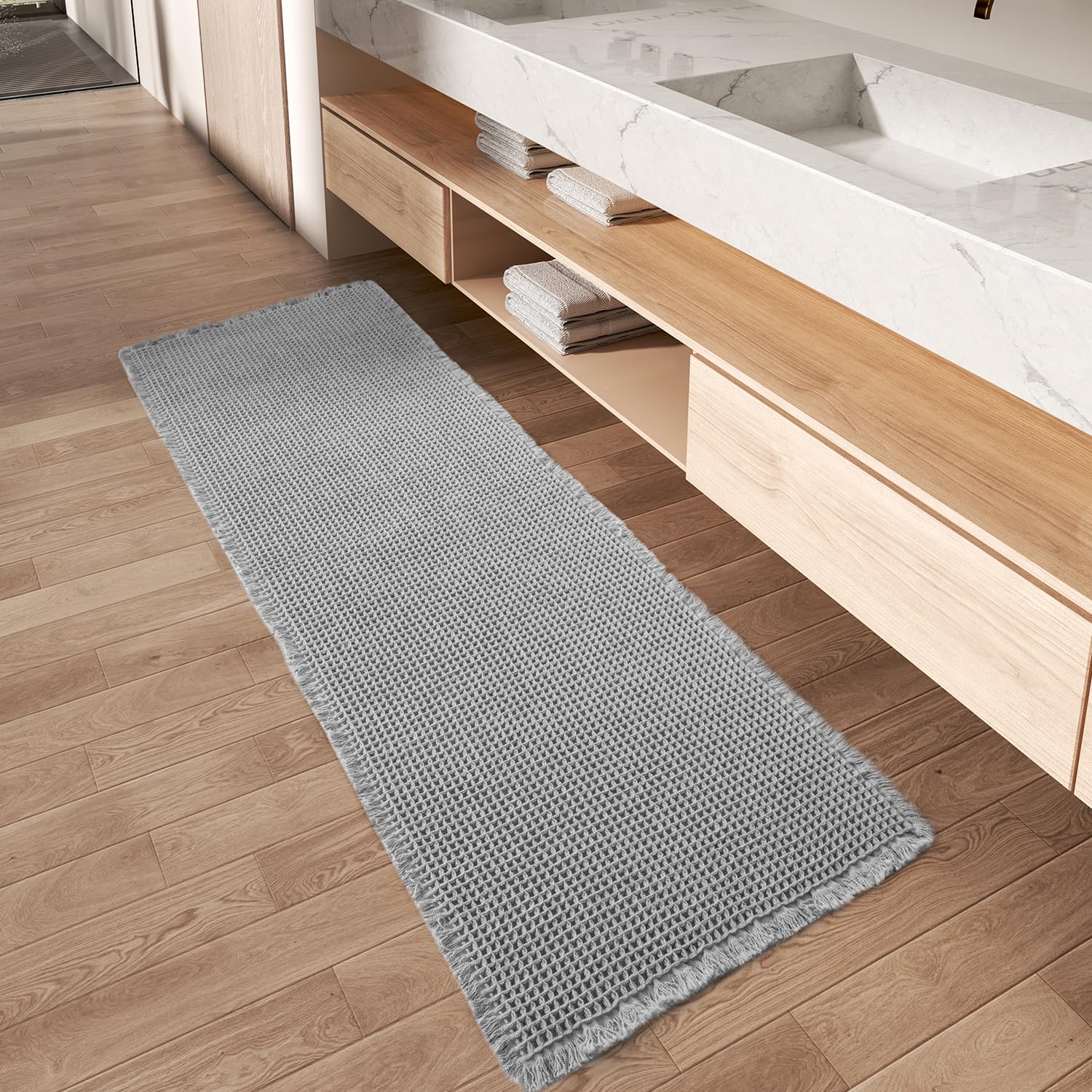 Upgraded Waffle Runner Rug Super Absorbent Non Slip Bath Mats for Bathroom Machine Washable Bathroom Runner Rug with Tassels, Id