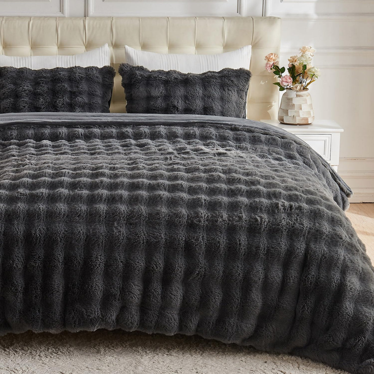 Lotus Karen Fluffy Comforter Cover Set-Rabbit Fluff Faux Fur Duvet Cover Queen Size,Dark Gray Plush Fuzzy Furry Bedding Sets 3Pi