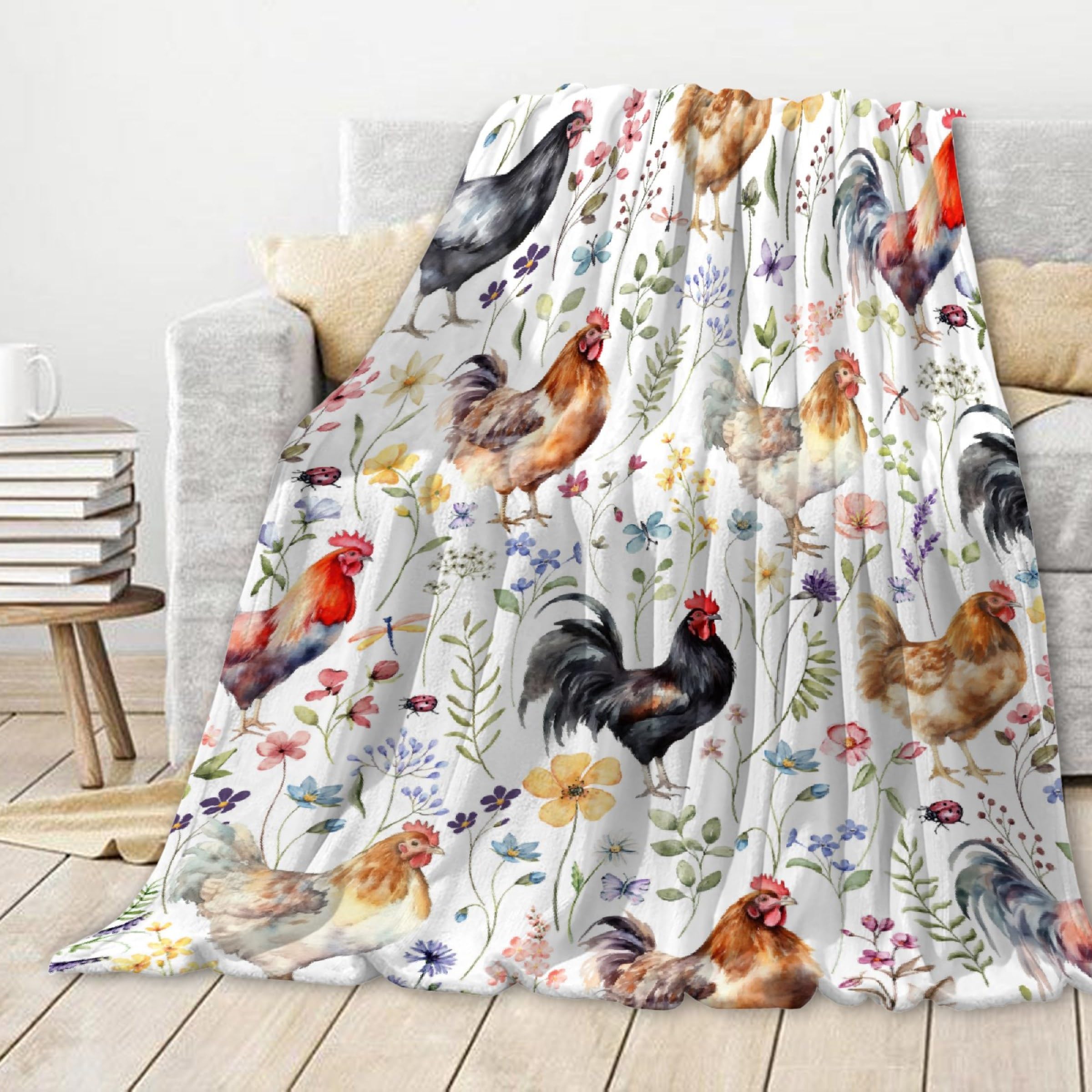 Runningblanket Chickens Blanket | Plush Chicken Wildflowers Blanket | Chickens Farm Lover Blanket For Couch Bed Sofa | 40'X50'