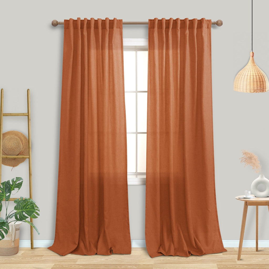 Mrs.Naturall Burnt Orange Curtains 84 Inch Length For Living Room,Back Tab Fall Funky Boho Decor Linen Semi Sheer Curtain Drapes For Bedroom 84 Inches Long Set 2 Panels