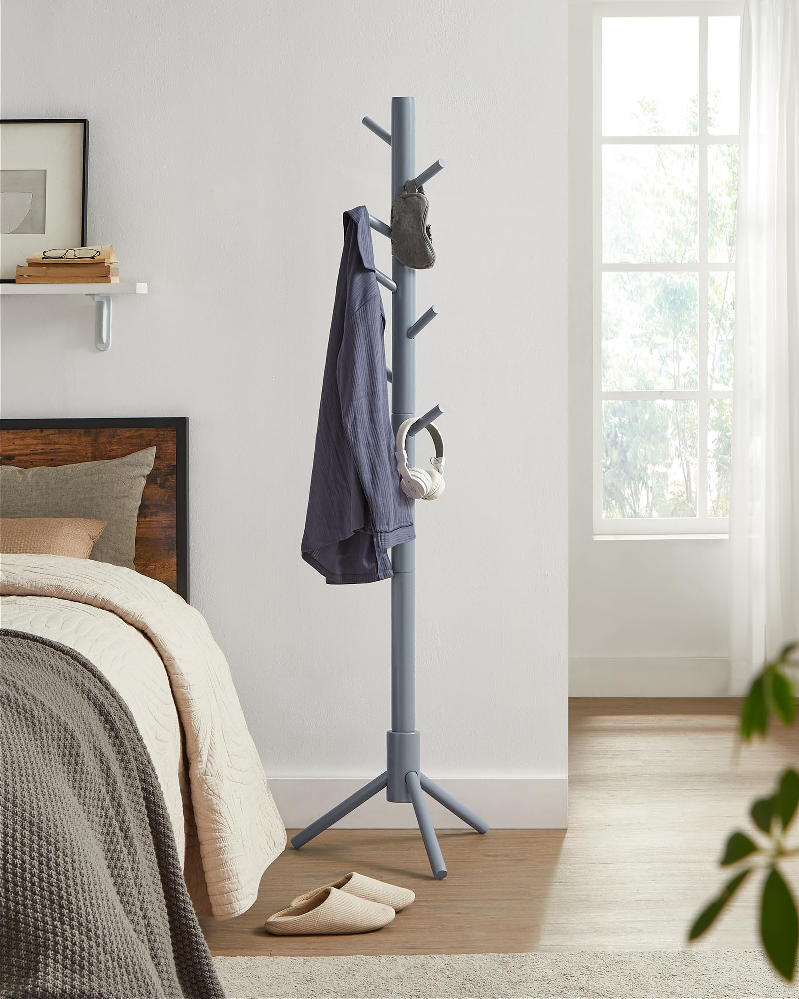 Vasagle Solid Wood Coat Rack, Free Standing Coat Rack, Tree-Shaped Coat Rack With 8 Hooks, 3 Height Options, For Clothes, Hats, Bags, For Living Room, Bedroom, Home Office, Grey Urcr04Gy