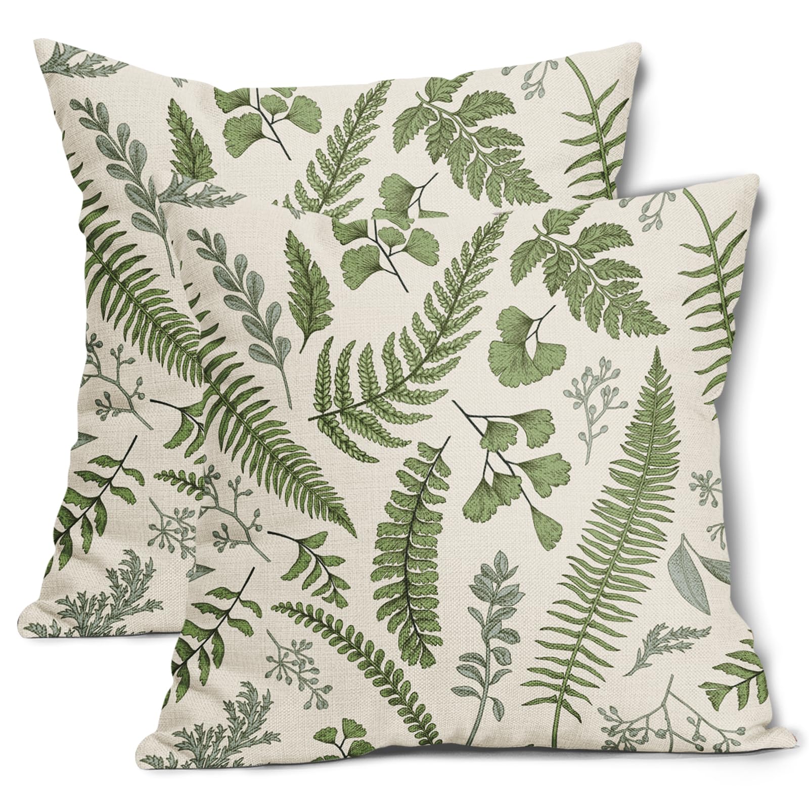 Sage Green Leaf Plant Pillow Covers 18X18 Inch Set Of 2 Tropical Fern Herbs Botanical Leaves Floral Decorative Pillow Cases Vint