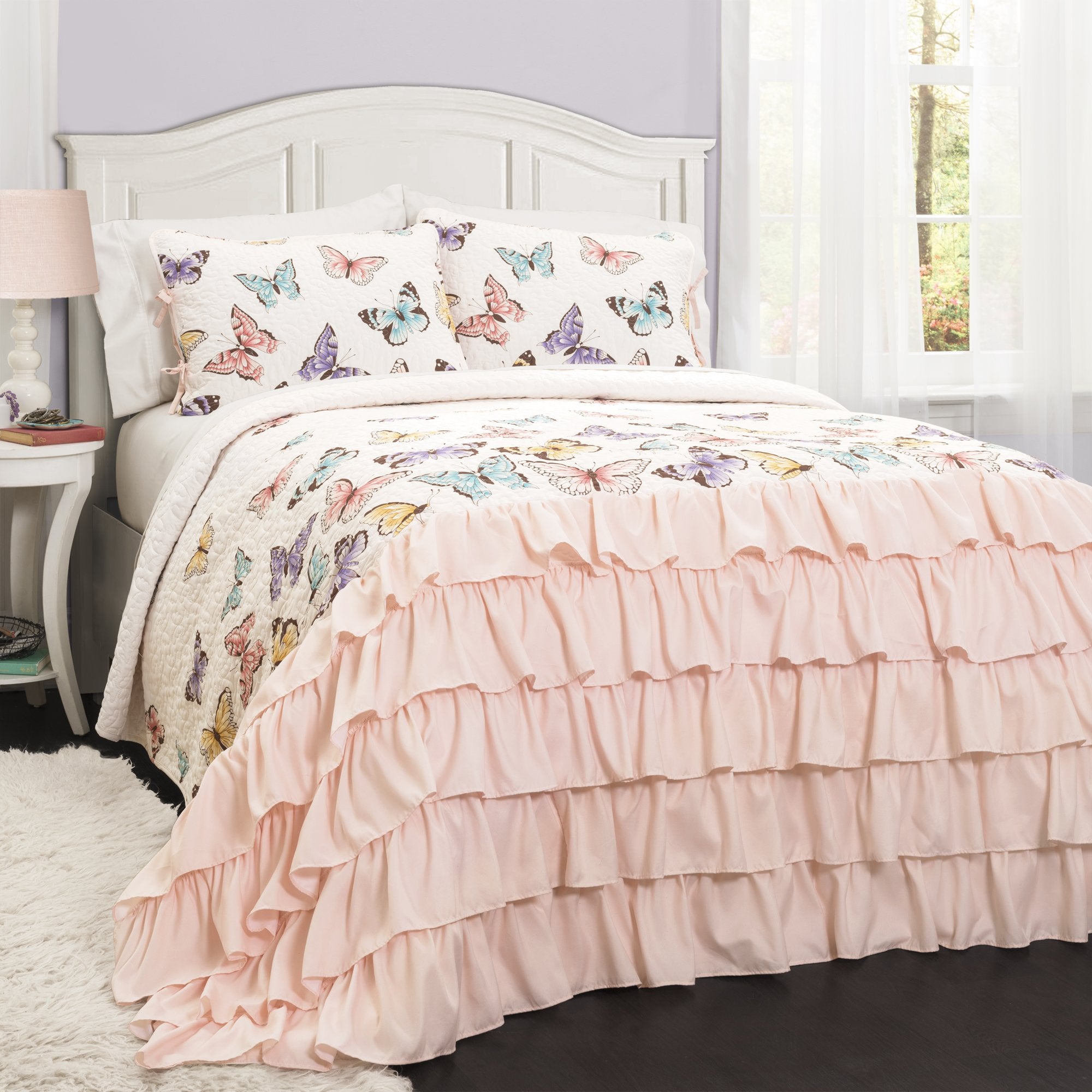 Lush Decor Flutter Butterfly 3-Piece Quilt Set, Cute Quilted Bedspread, Pink, Full/Queen