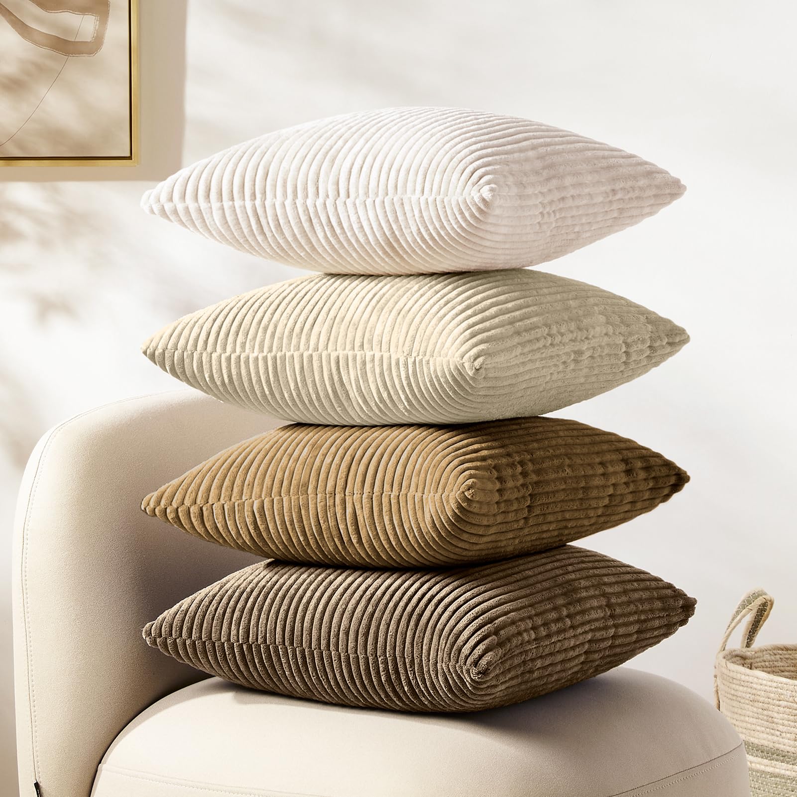 Softalker Decorative Throw Pillow Covers 18 X 18, Set Of 4, Soft Corduroy Solid Striped Pillow Cover, Modern Decor Cushion Pillo