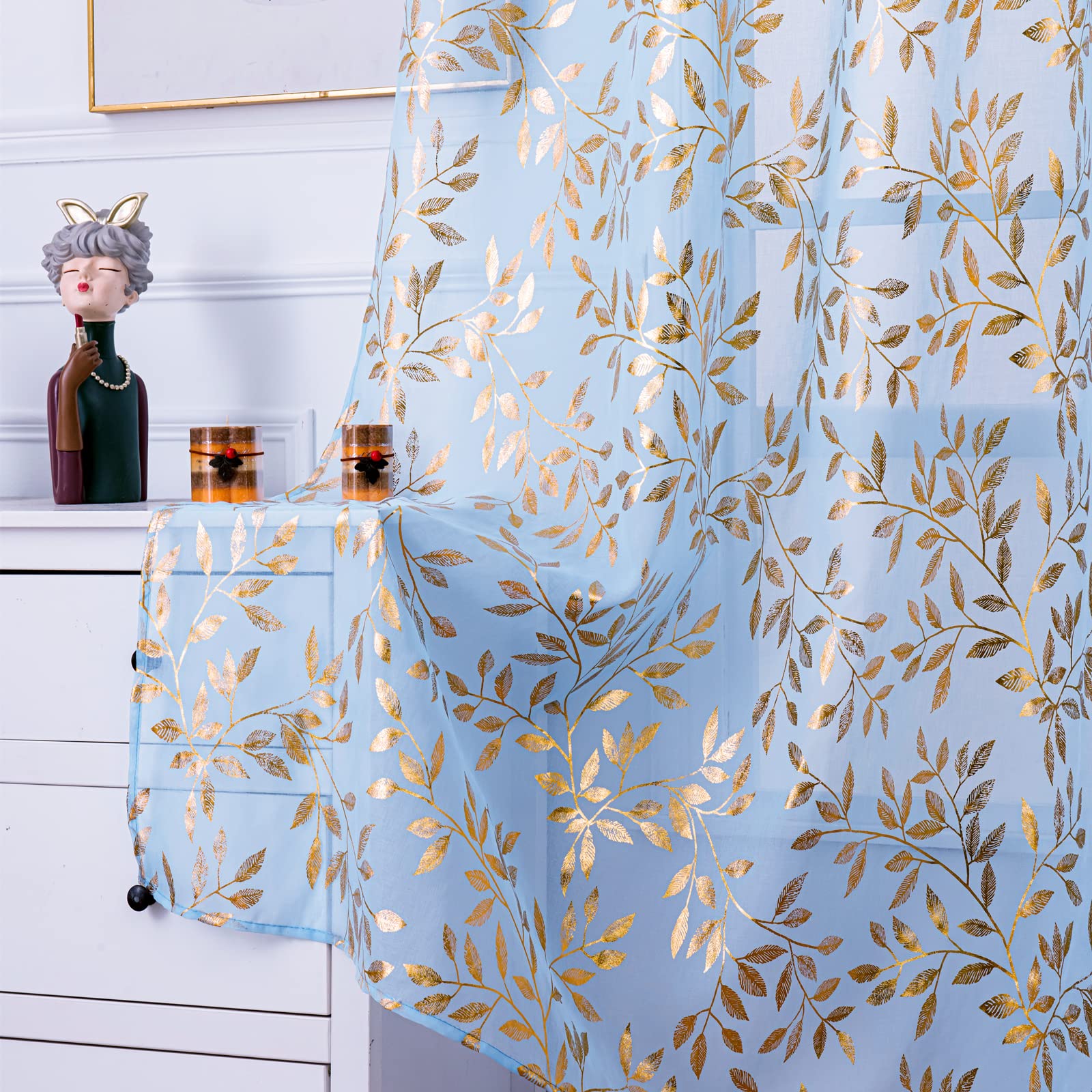 Deeprove Sheer Curtains 84 Inches Long 2 Panels Set, Gold Foil Print Metallic Vine Leaves Window Treatments For Bedroom, Bronzin