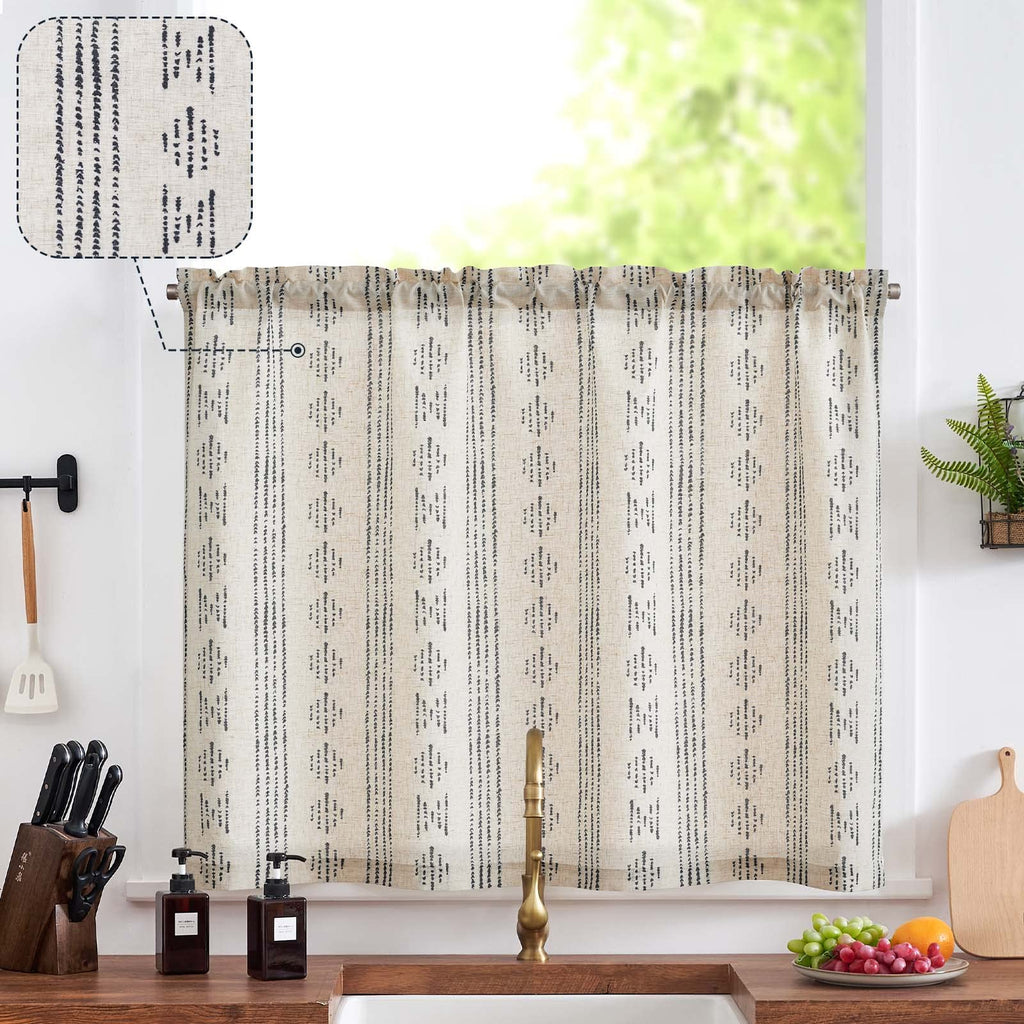 Jinchan Boho Kitchen Curtain Linen Tier Curtain Bohemian Cafe Curtain 24 Inch Geometric Striped Small Window Curtain Light Filtering Farmhouse Country Rustic For Bathroom Rv 1 Panel Black On Beige