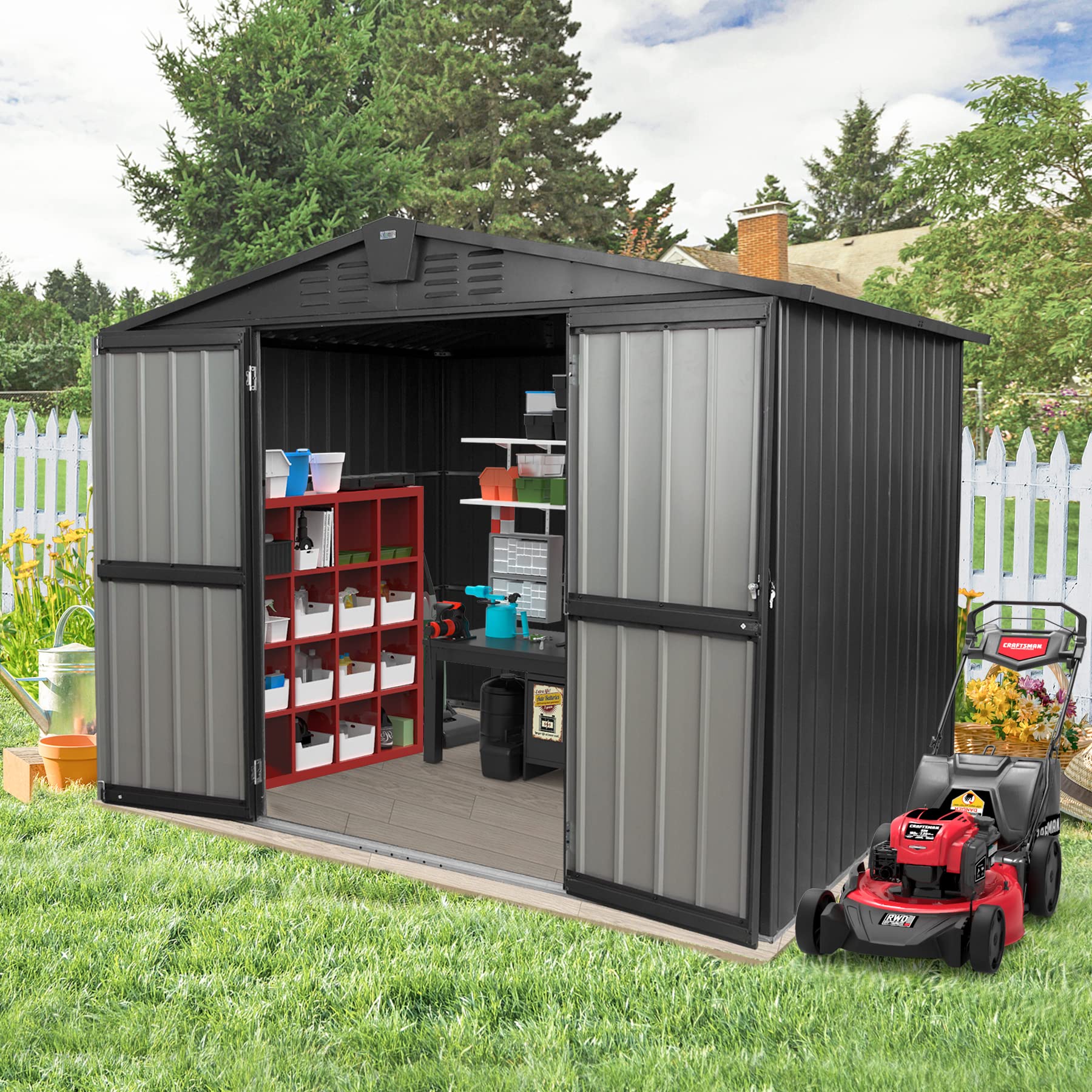 Domi Outdoor Storage Shed 8.2'X 6.2', Metal Garden Shed For Bike, Trash Can, Tools, Lawn Mowers, Pool Toys, Galvanized Steel Out