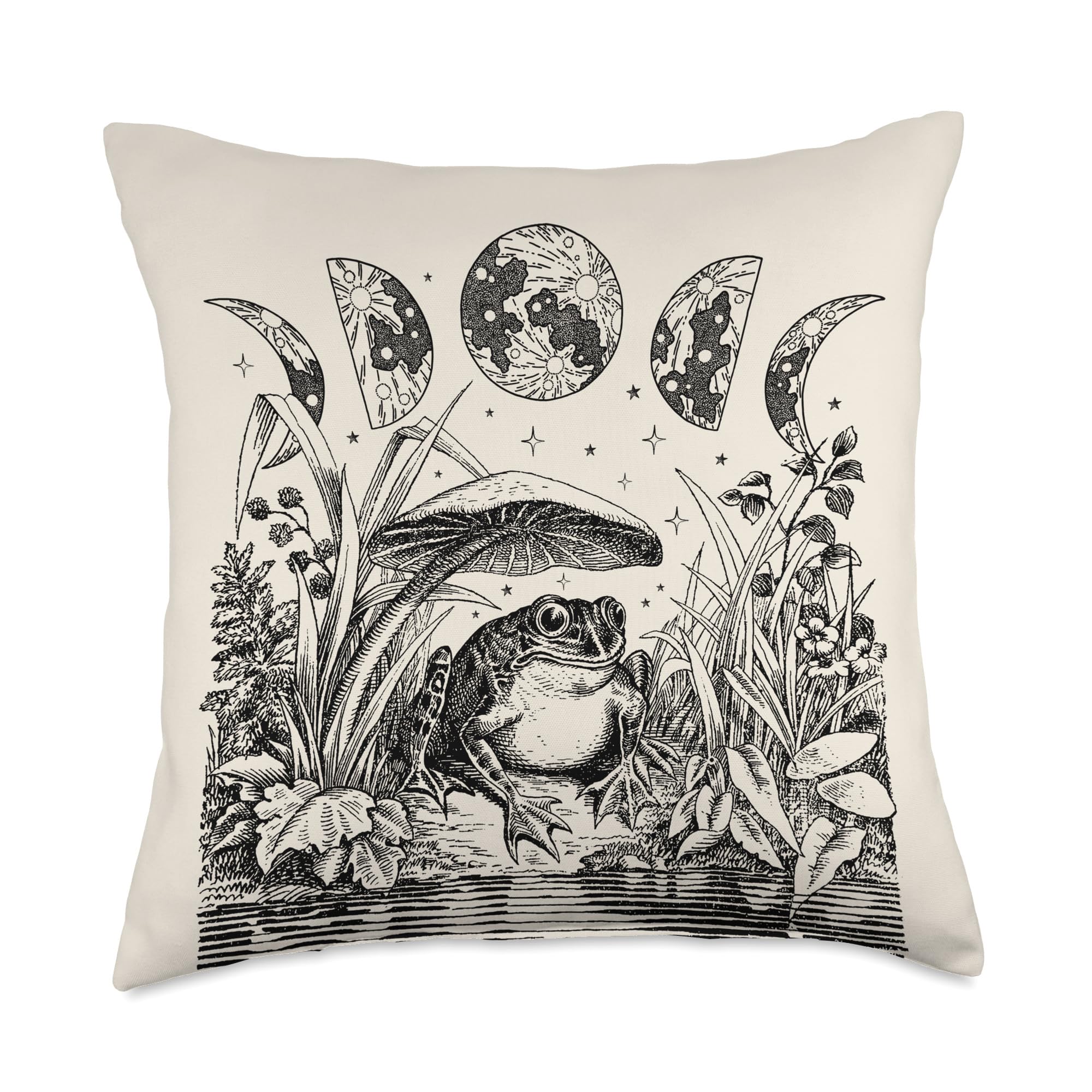 Cute Cottagecore Aesthetic Frog Mushroom Moon Witchy Vintage Throw Pillow