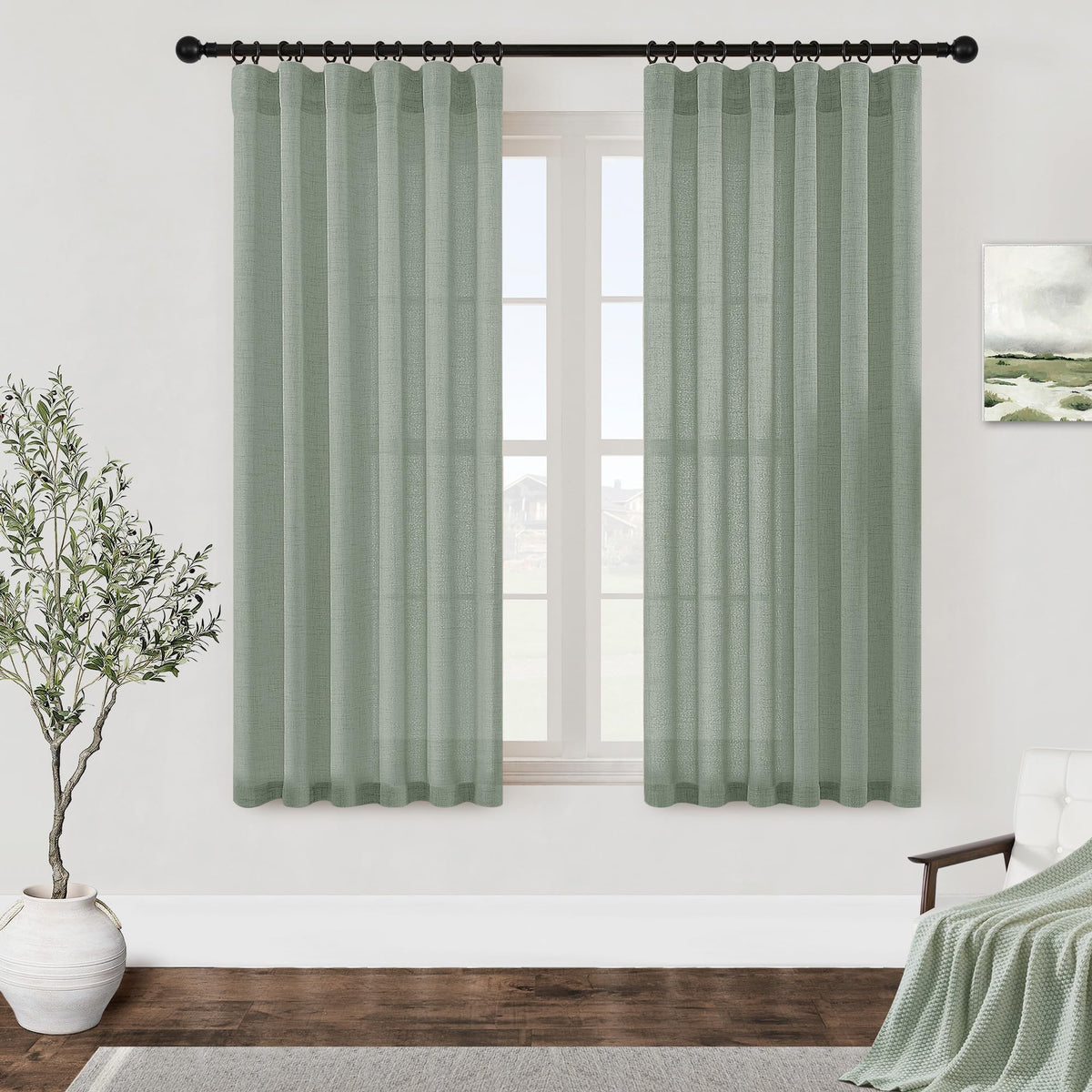 Dukiyo Sage Green Linen Curtains 63 Inch Length 2 Panels For Living Dining Room Boho Semi Sheer Curtains Drapes Rod Pocket Hook