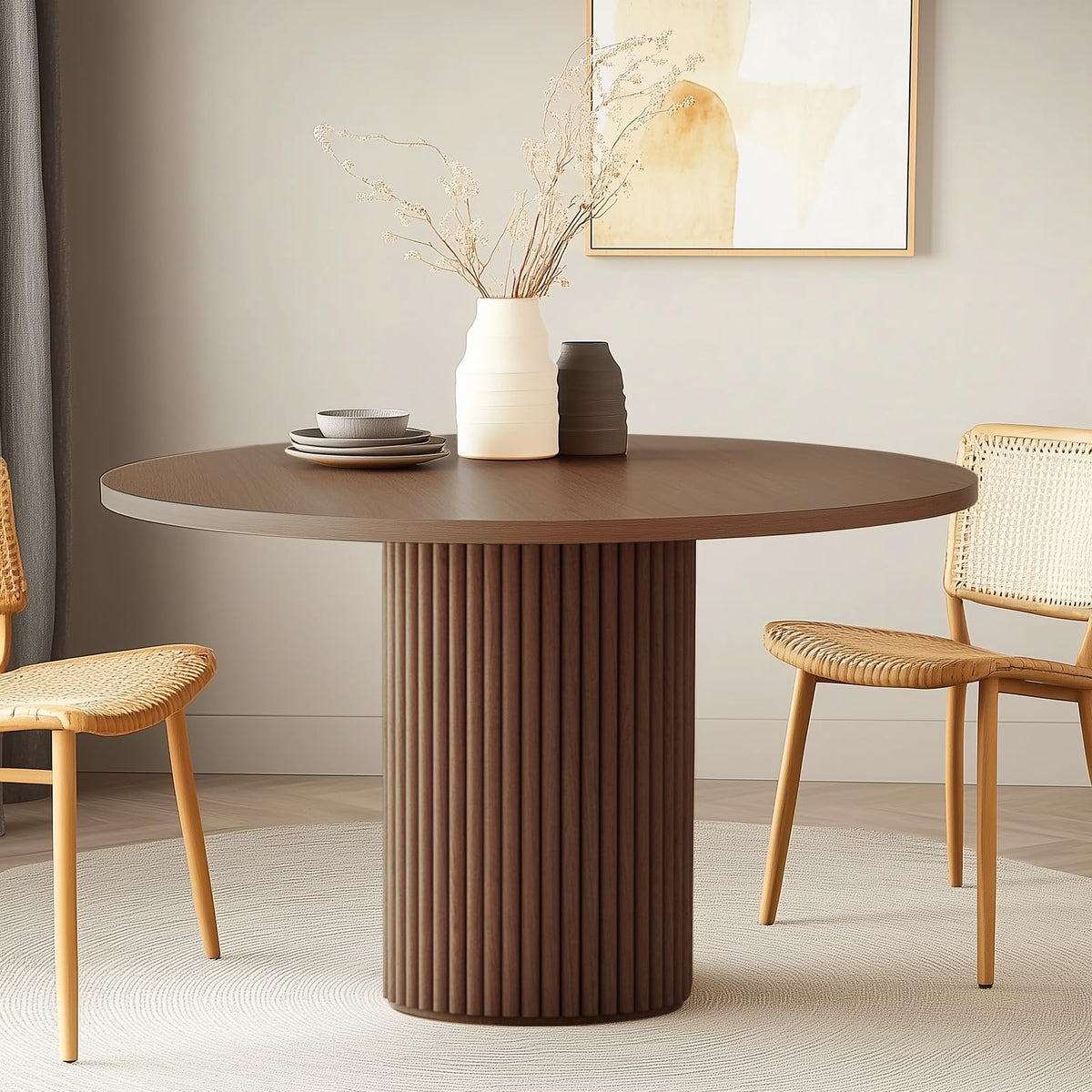 Simtonal Modern Dining Table Pedestal Dining Room Table Walnut For Kitchen, 47'L X 47'W X 29.9'H(Only Table)