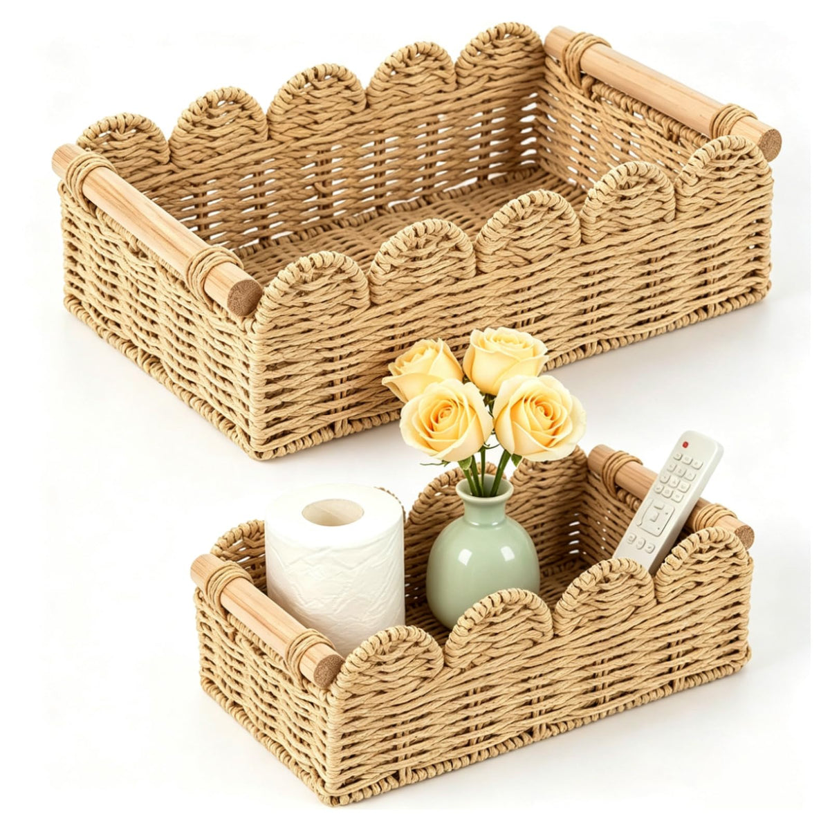 Wide Storage Baskets for Shelves Set of 2  NonTip Paper Rope Baskets with Wooden Handles, Scalloped Edge, Tight Weave, Fits 13