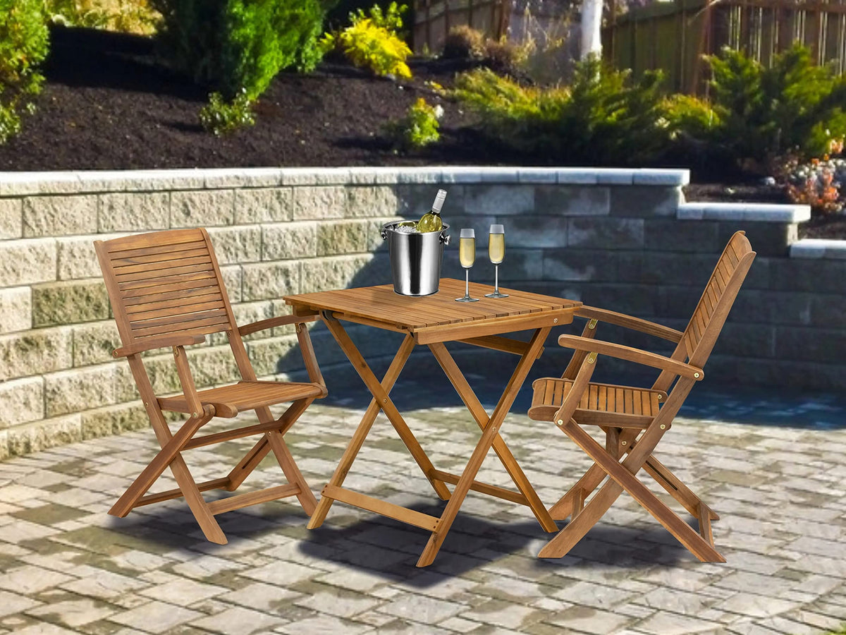 East West Furniture Sehd3Cana Selma 3 Piece Patio Bistro Set Contains A Square Outdoor Acacia Wood Coffee Table And 2 Folding Arm Chairs, 26X26 Inch, Natural Oil