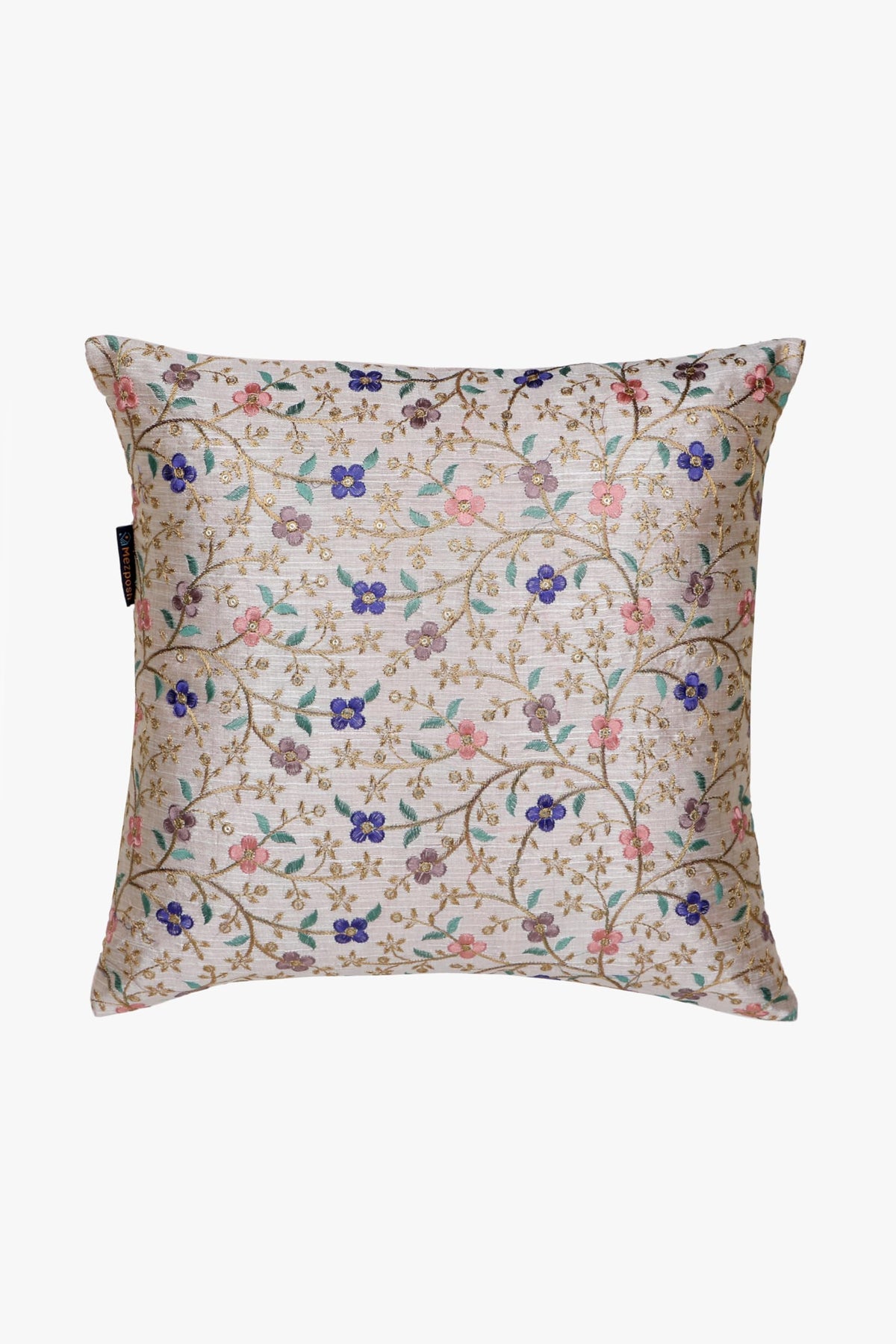 Mezposh Cream & Multi Floral Embroidered Faux Silk Cushion Cover (16X16)