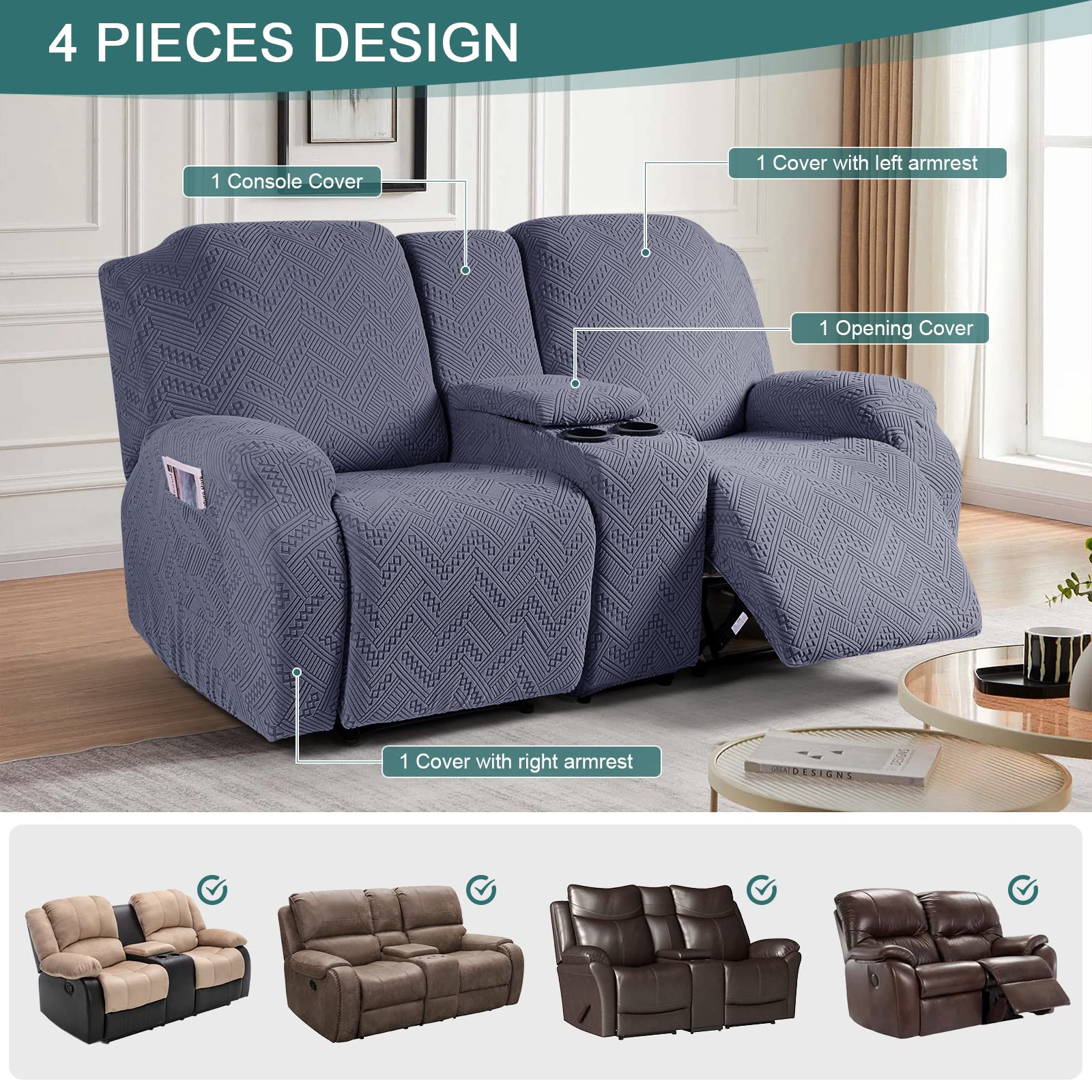Ruaozz Stretch Loveseat Recliner Covers With Console 4-Pieces Recliner Sofa Covers With Pockets Jacquard Reclining Couch Covers