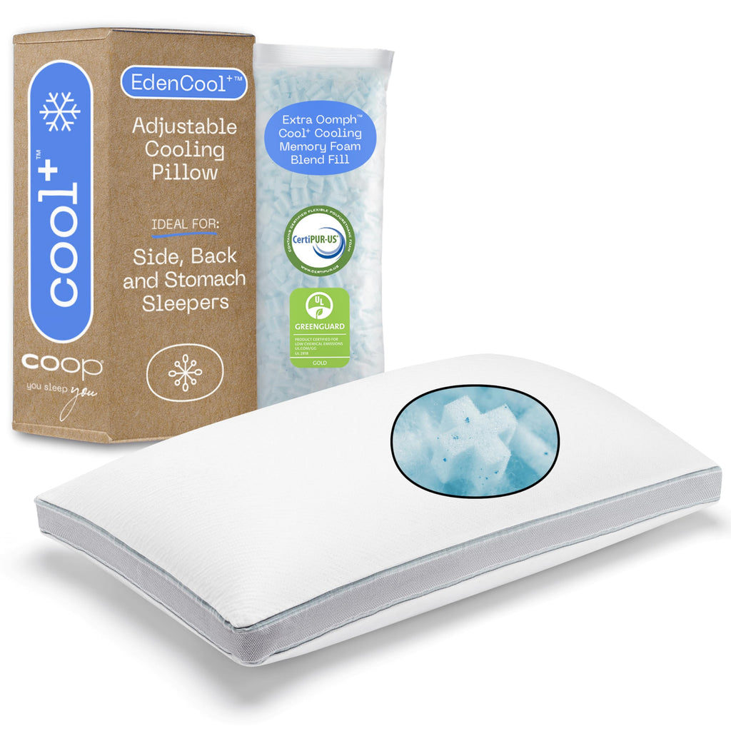Coop Home Goods Eden Cool+ Adjustable Pillow, Queen Size Plus Shaped Memory Foam Pillows With Cooling Gel, Back, Stomach Or Side