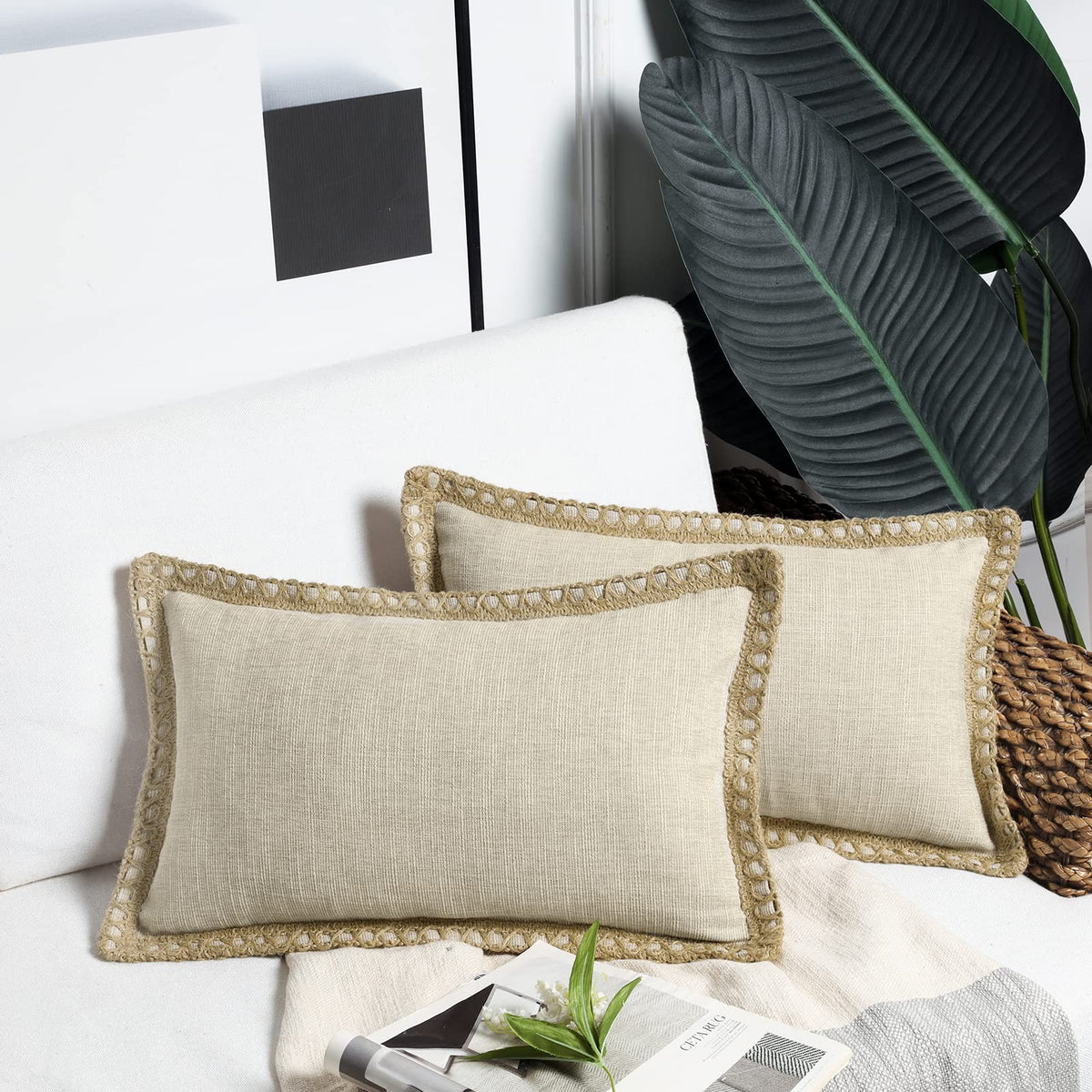 Phantoscope Pack Of 2 Farmhouse Decorative Solid Throw Decorative Pillow Cover Burlap Linen Trimmed Tailored Edges, Oatmeal 12 X