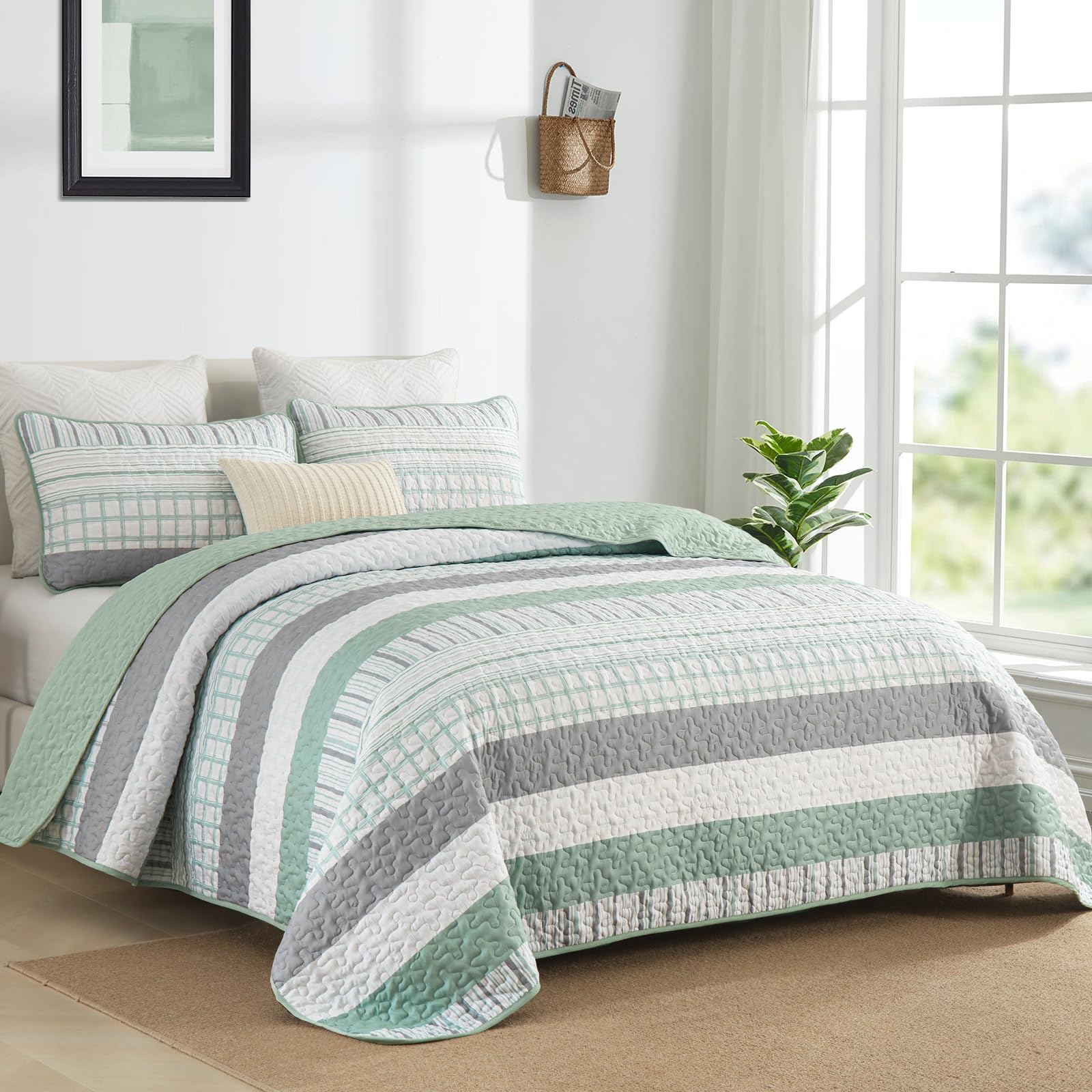 Djy Striped Quilt Set King Size, Sage Green Boho Bedspread Set 3 Pieces Patchwork Coverlet Bedding Set Lightweight Soft Microfib