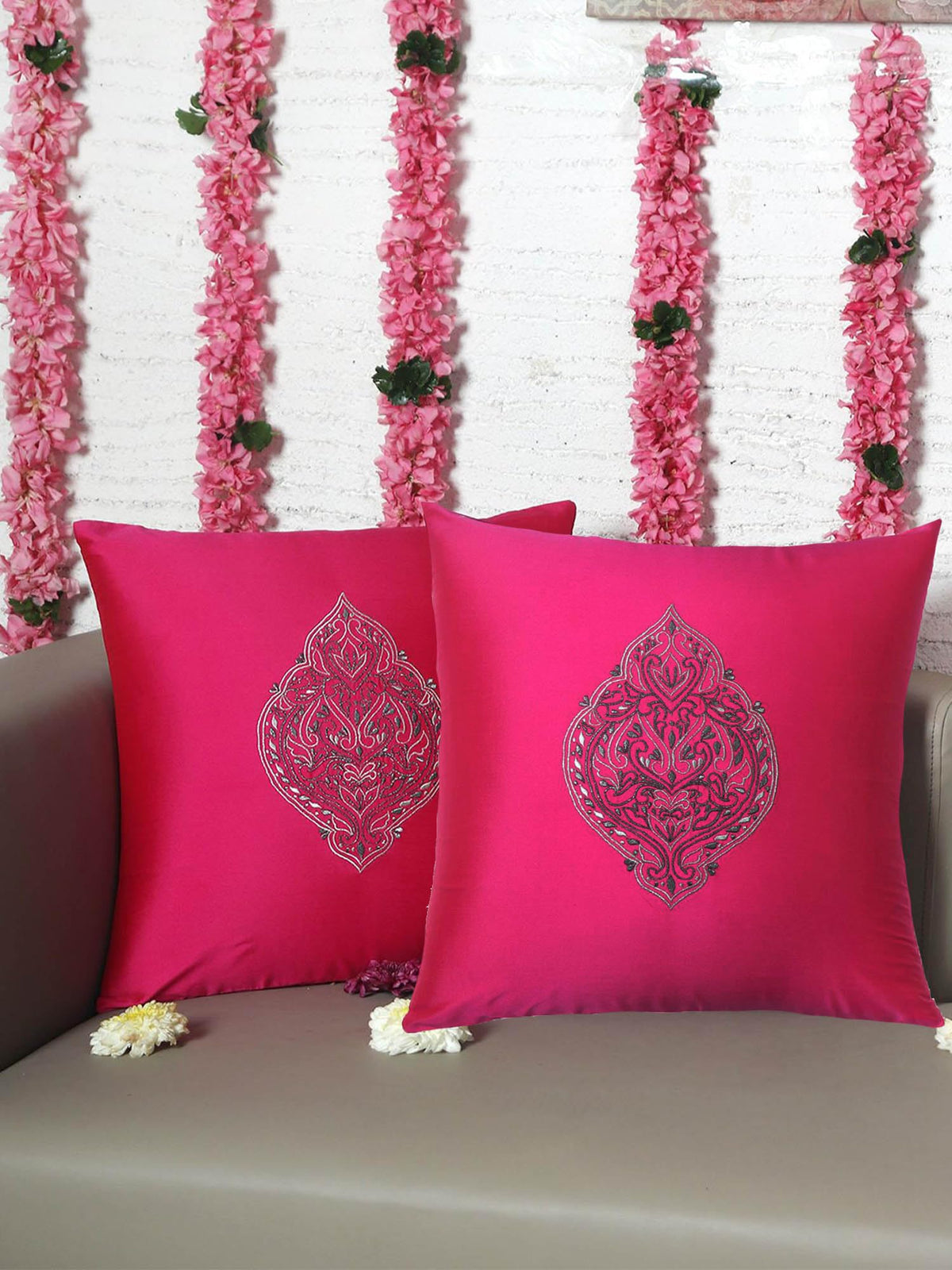Zeba World Square Cushion Cover For Sofa, Bed | Motif Embroidery  Polyester | Magenta Pink  16 Inch X 16 Inch (40 X 40Cm) (Pac