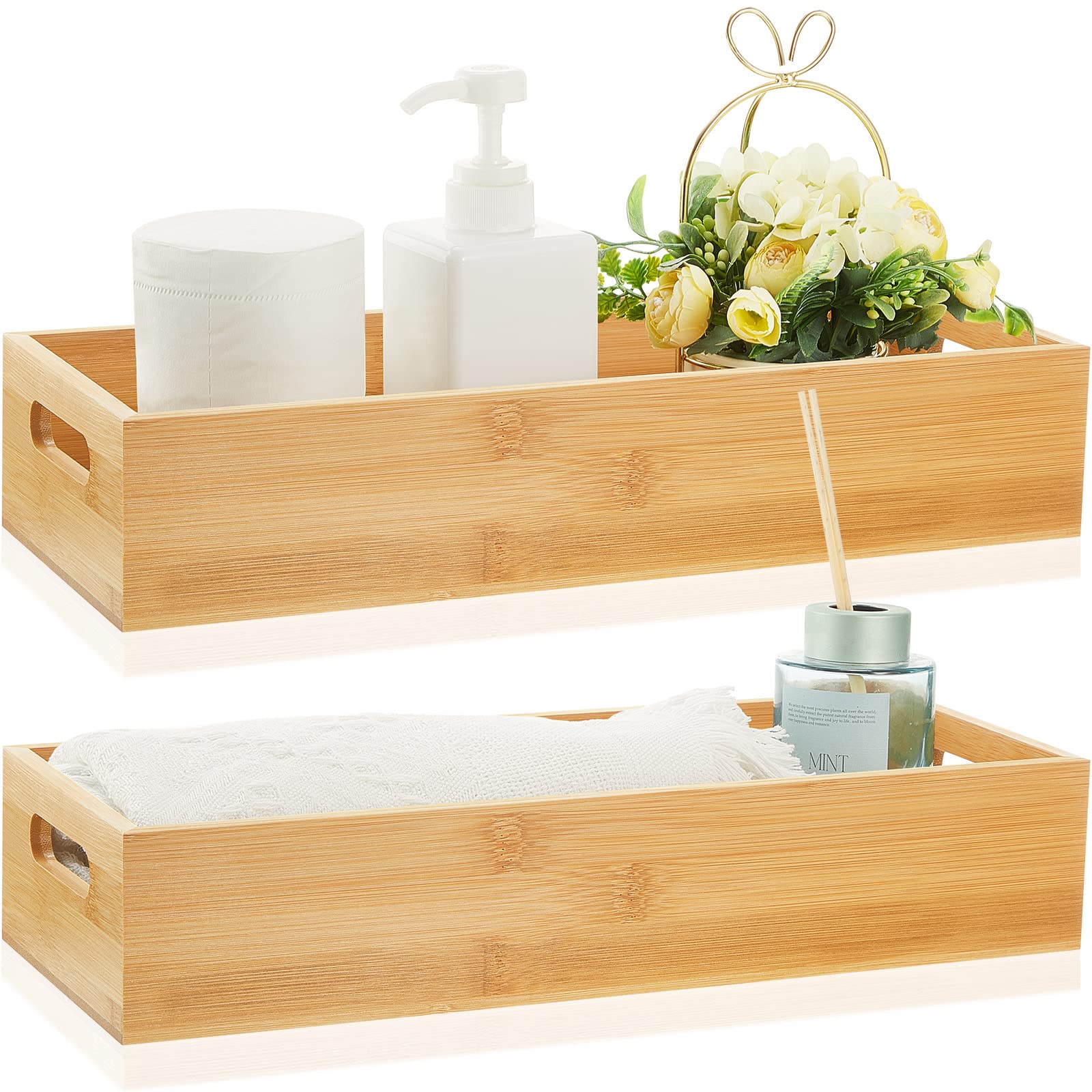 2 Pcs Bamboo Toilet Tank Tray Bathroom Trays Bamboo Bathroom Organizer Wood Toilet Paper Basket with Handles Bamboo Bathroom Box