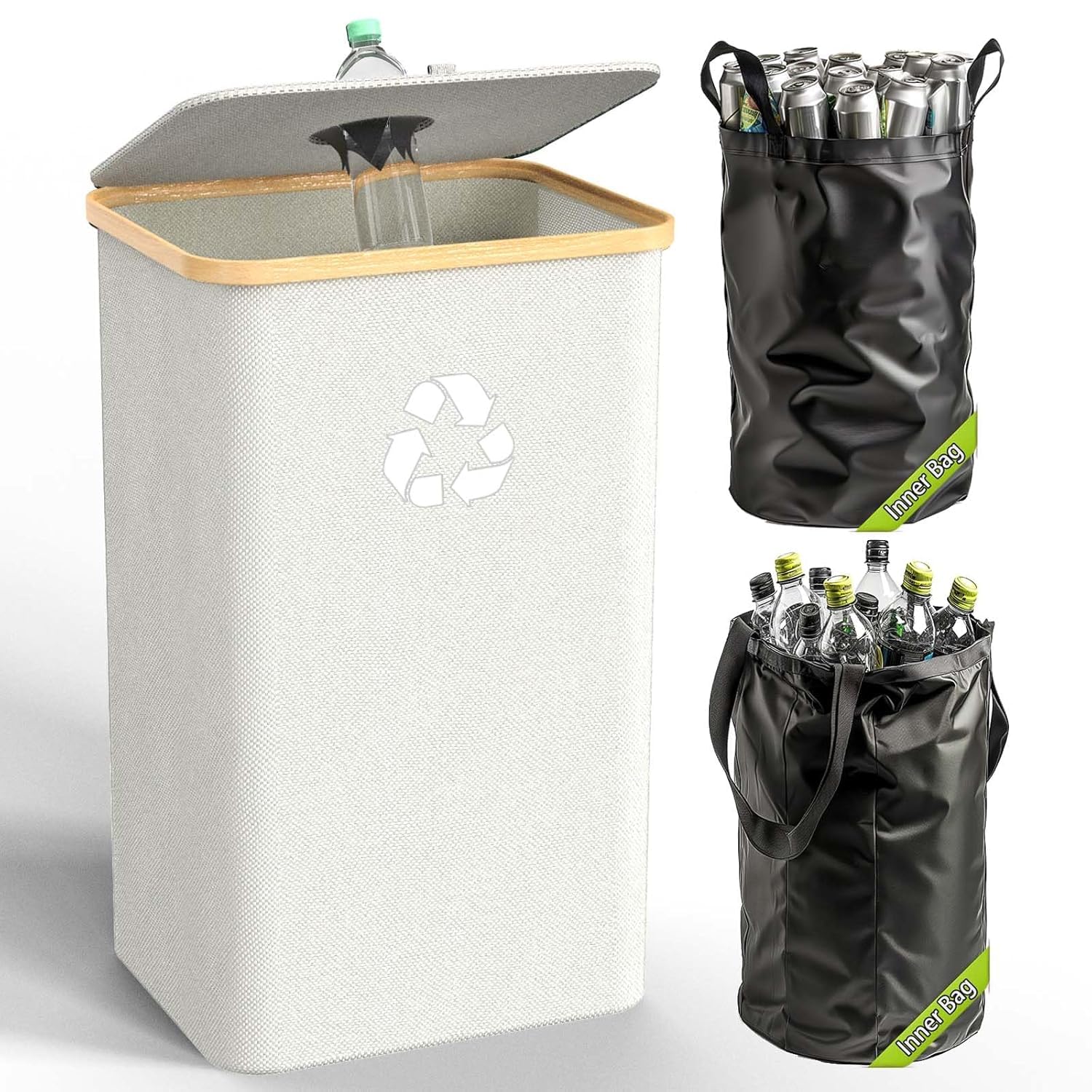 Pakusane Recycling Bin for Kitchen Indoor Home,Beige Color Large 100L/ 26 Gallon Recycle Bin with Lid Removeable Reusable Inner 