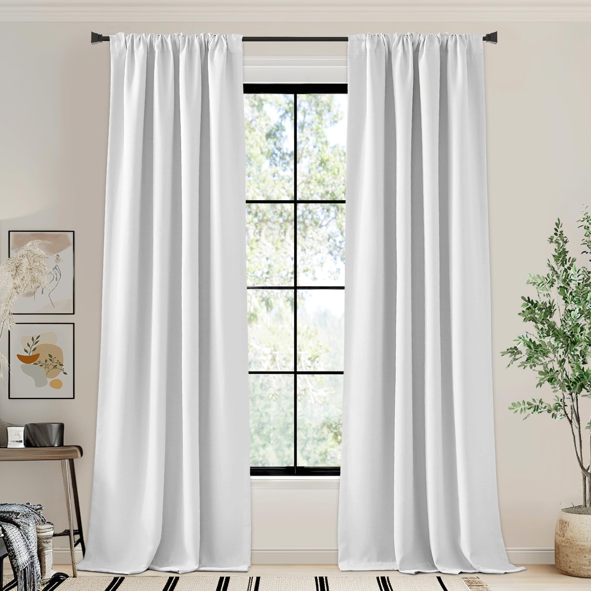 Nicetown Faux Linen Greyish White Curtains For Bedroom, Rod Pocket/Back Tab/Hook Belt Room Darkening Thermal Curtains Noise Redu